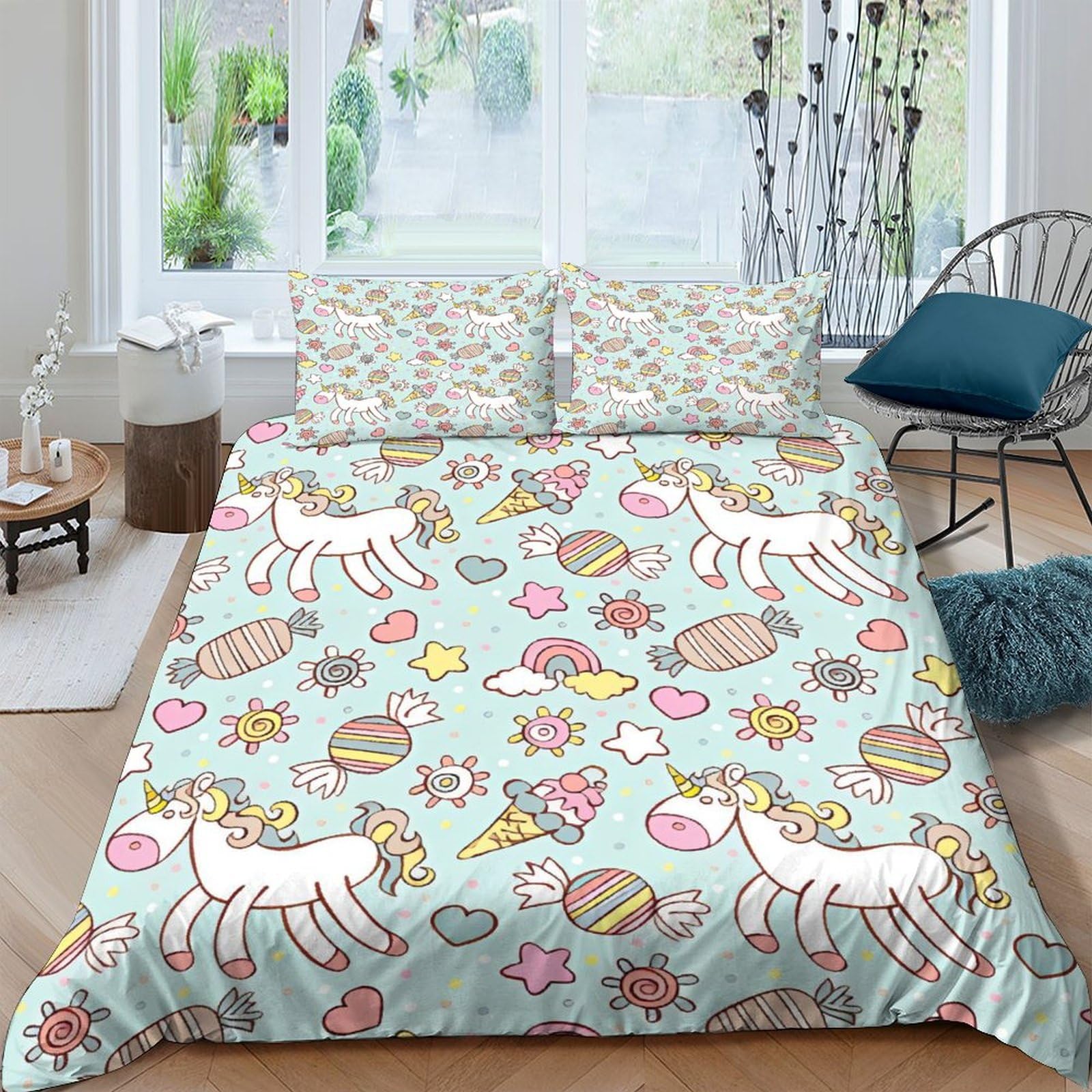 Housse de couette 3D licorne arc-en-ciel 200x200 parure de lit microfibre avec zip