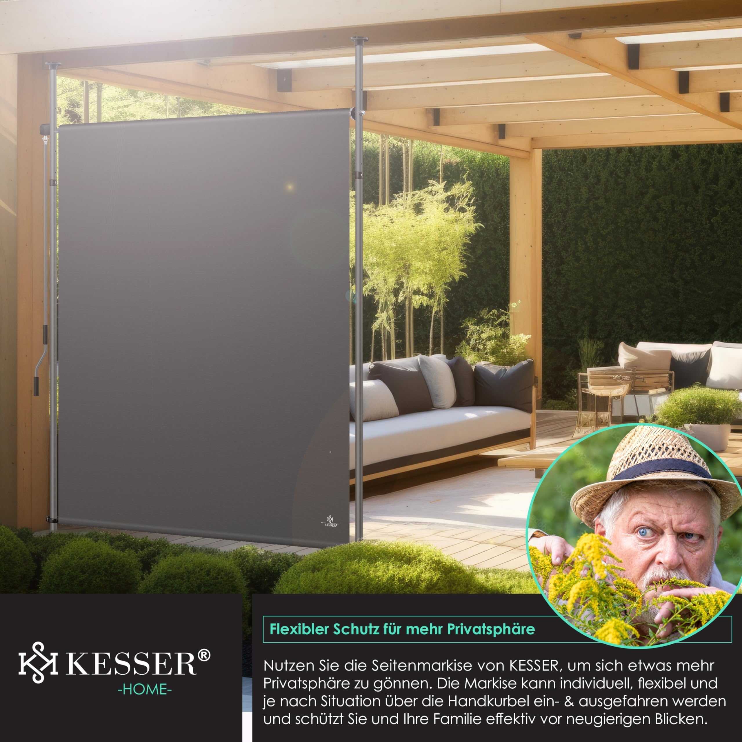 KESSER® Toldo de sujeción de 200 x 310 cm, para jardín, balcón, protección visual, resistente a la intemperie, al viento y al sol, toldo vertical con manivela sin taladrar, extensible, impermeable y