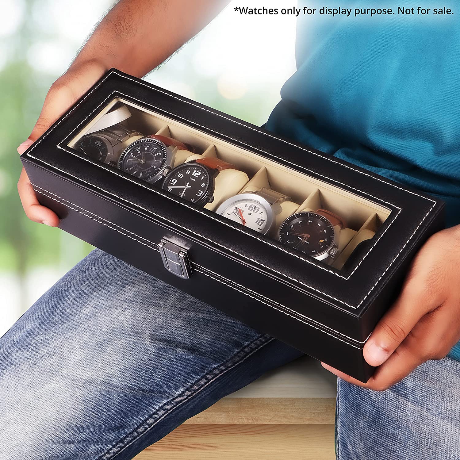 ABOUT SPACE Watch Box - PU Leather Watch Organizer for Men & Jewellery Box for Women with Press Lock & Key, 8 Removable Watch Slots, 8 Ring Slots & Compartment with Lid (Black - L 30 x B 20 x H 20 cm) 4