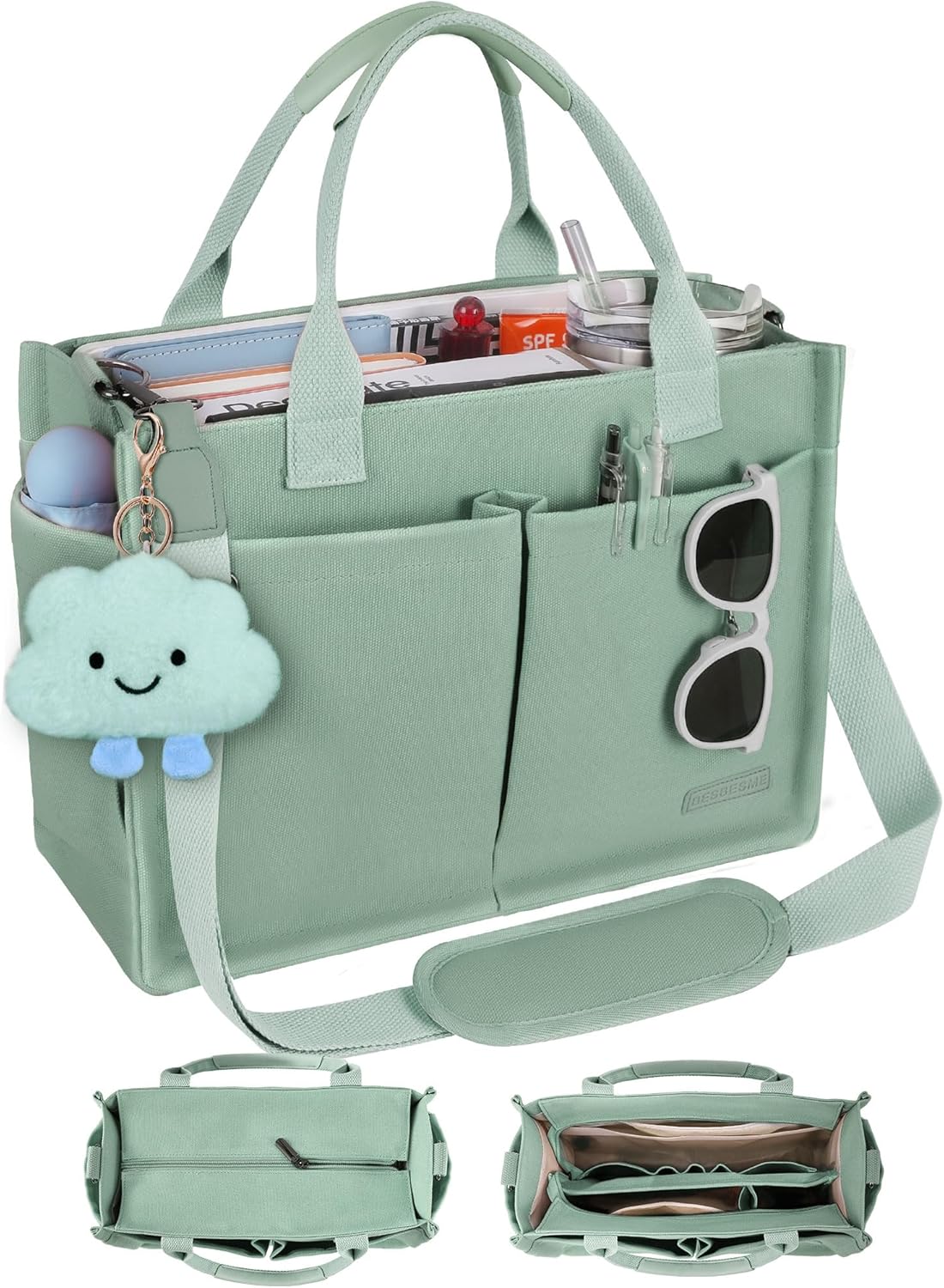 BESBESME Canvas Tote Bag for Women with Zipper & Compartments– Large Work & College Laptop Tote Crossbody Shoulder Bag