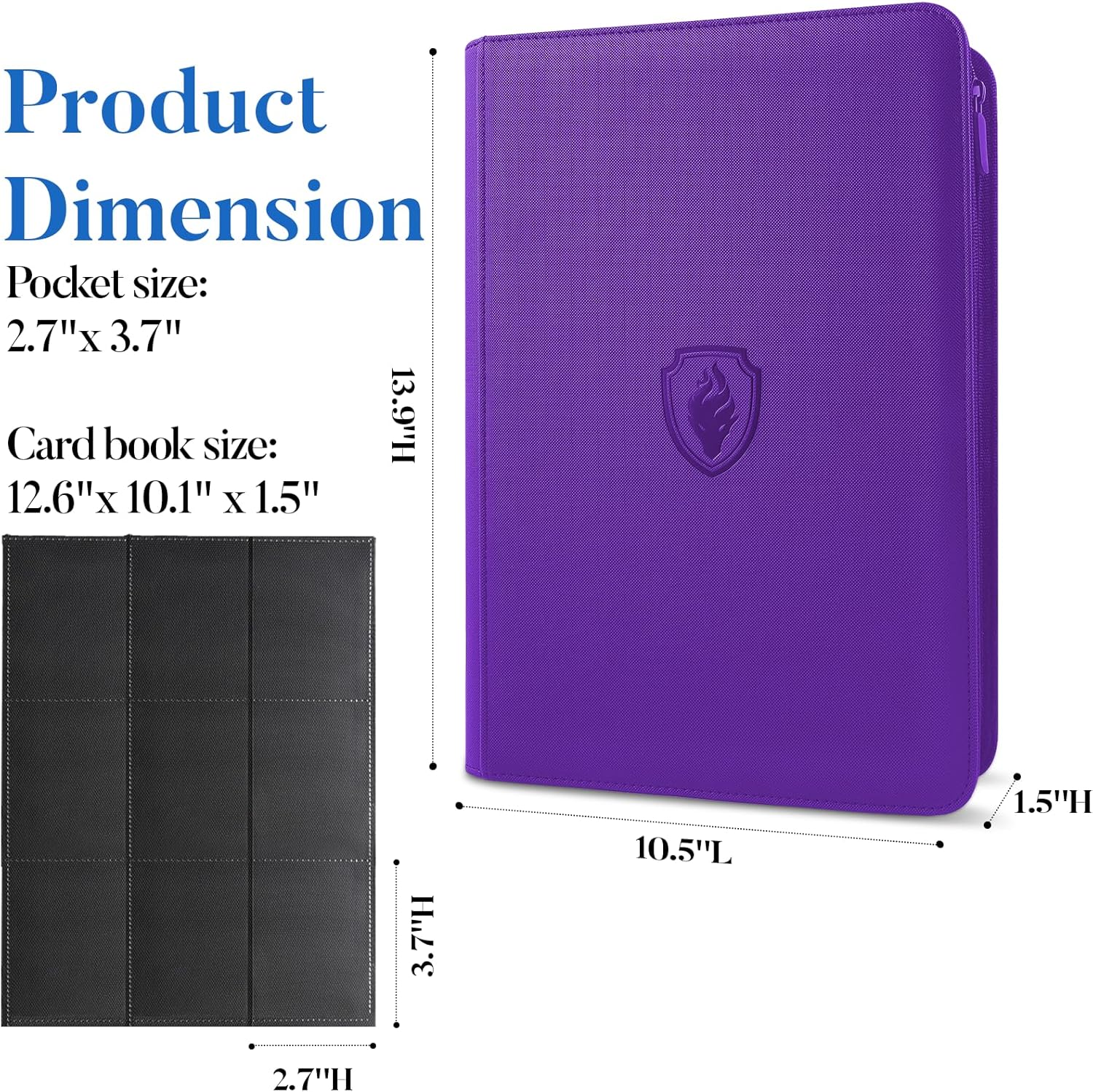 Premium Zip Card Binder, Fabmaker 9 Pocket Trading Card Binder, PU Cover Zipper Card Collection Album, Sturdy 360 Side-Loading Card Folder Holder for Game & Sports Cards, Purple