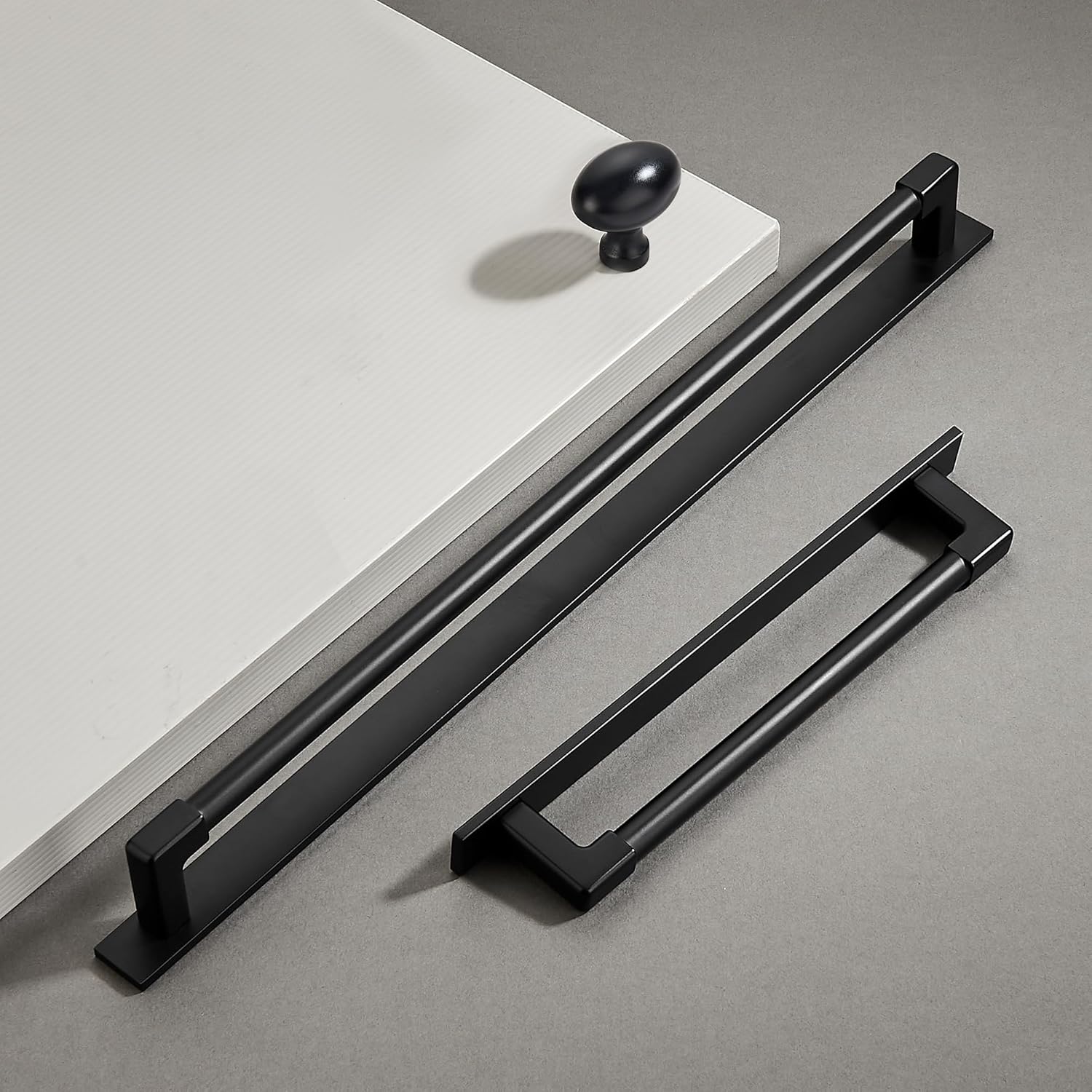 TUNNY 5 Pack Classic Solid Cabinet Handles with Metal Base Plate-12.6"/320mm Screw Spacing Matte Black Furniture Hardware Handles for Bathroom Dresser Kitchen Cabinets Bedroom Cabinet Pulls