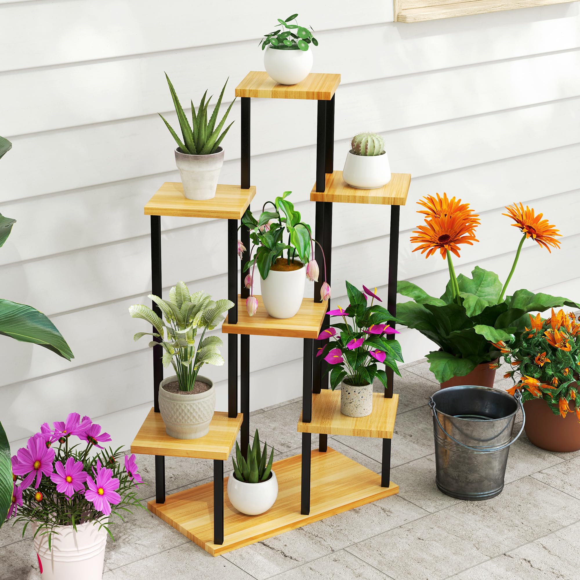 Outsunny Support à plantes à 7 niveaux pour intérieur et extérieur, étagère plante en acier et bois, porte plantes pour jardin, terrasse, balcon, salon, bois naturel