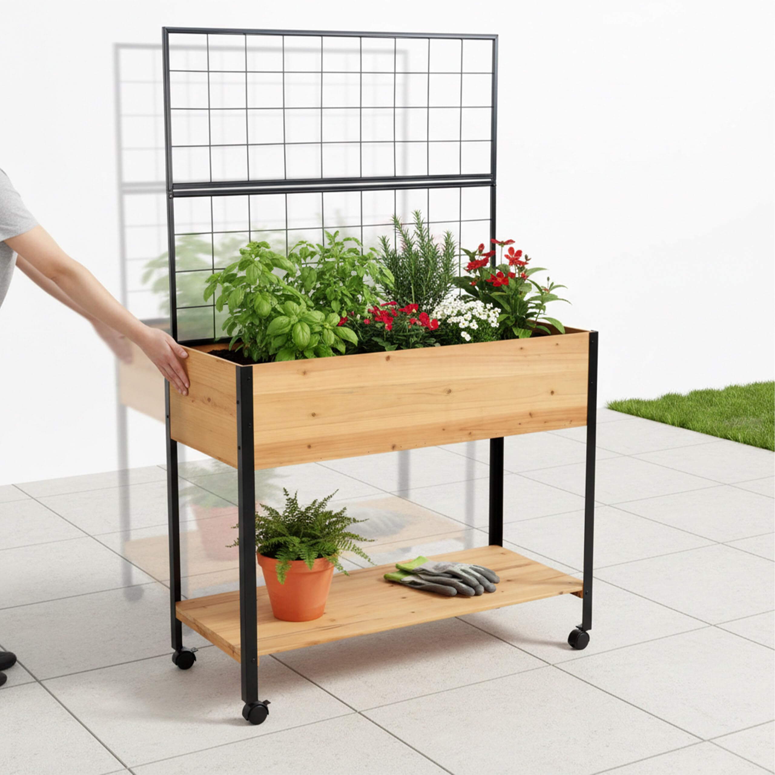 Relaxdays Potager surélevé en Bois avec Treillis, étagère, roulettes, 165x102x47,5 cm, Naturel/Noir