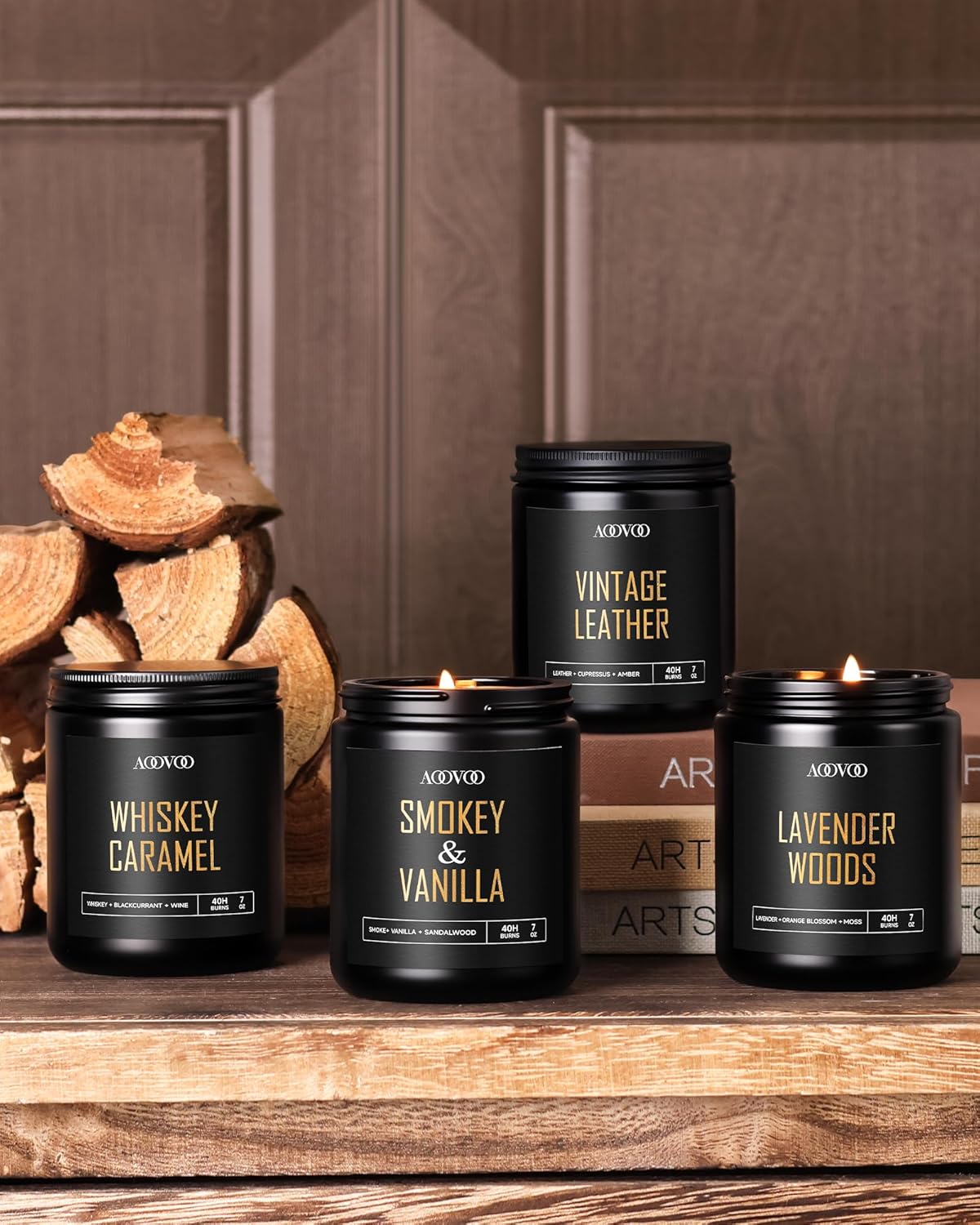 AOOVOO Scented Candles for Men - 4 Pack Candles for Home Scented, 28oz Soy Wax, 200 Hour Burn Time, Men Candle Set, Leather/Smoke & Vanilla/Whiskey Caramel/Lavender Candle Set - Image 5