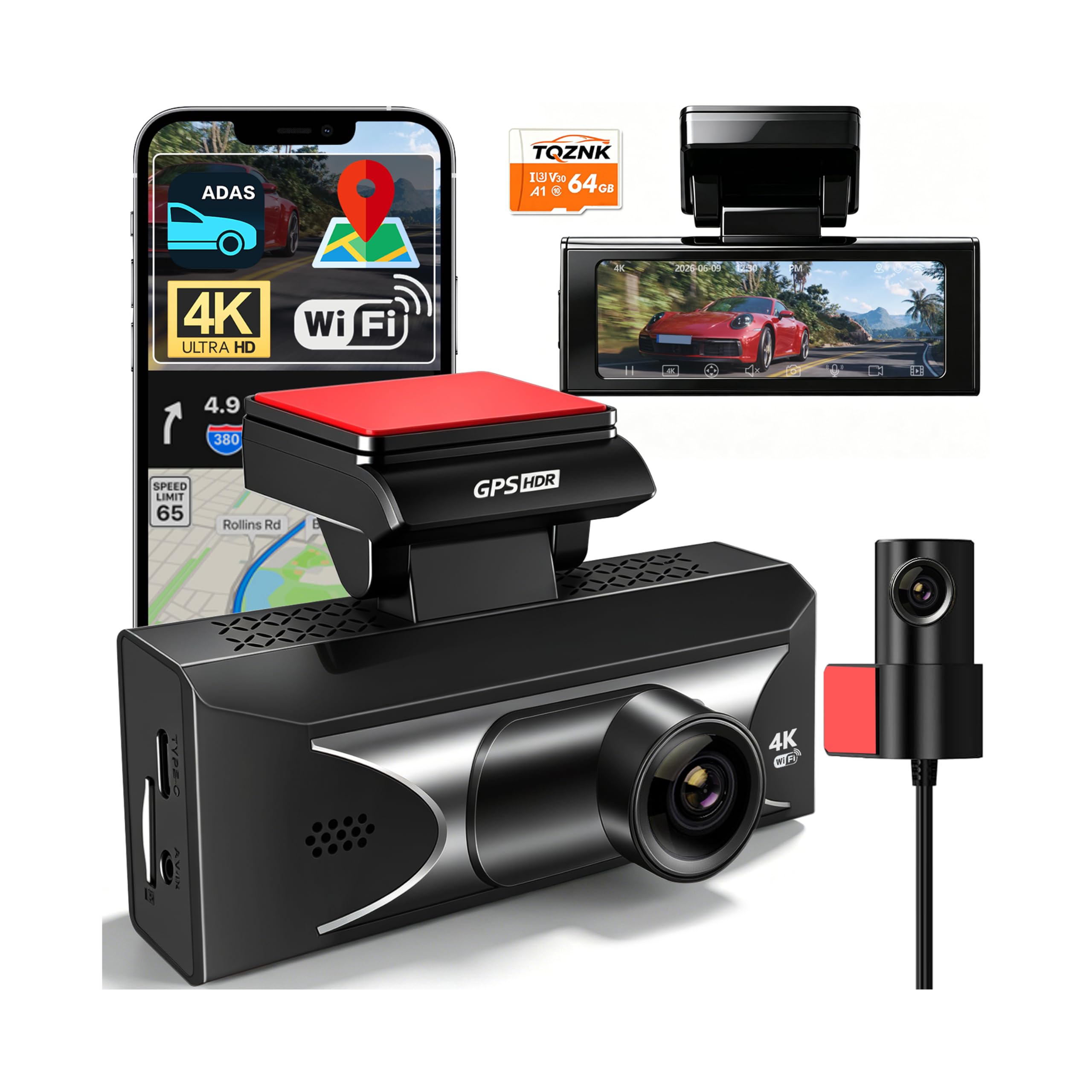 4K Dash Cam Front and Rear, 2.5K Rear, ADAS, 5.8GHz Wi-Fi, 64GB Card