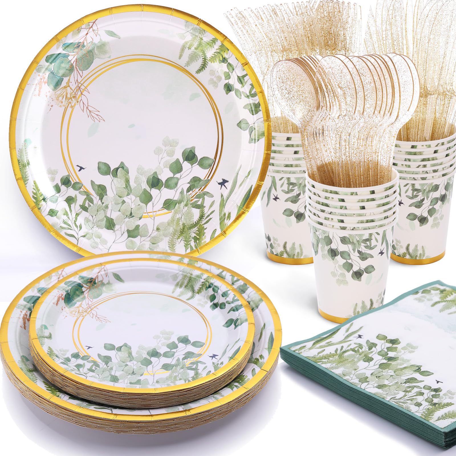 Primoplo Sage Green Plates and Napkins Party Supplies - Sage Green Paper Plates Tableware Set for Baby Shower, Gender Neutral Birthday, Bride Shower,