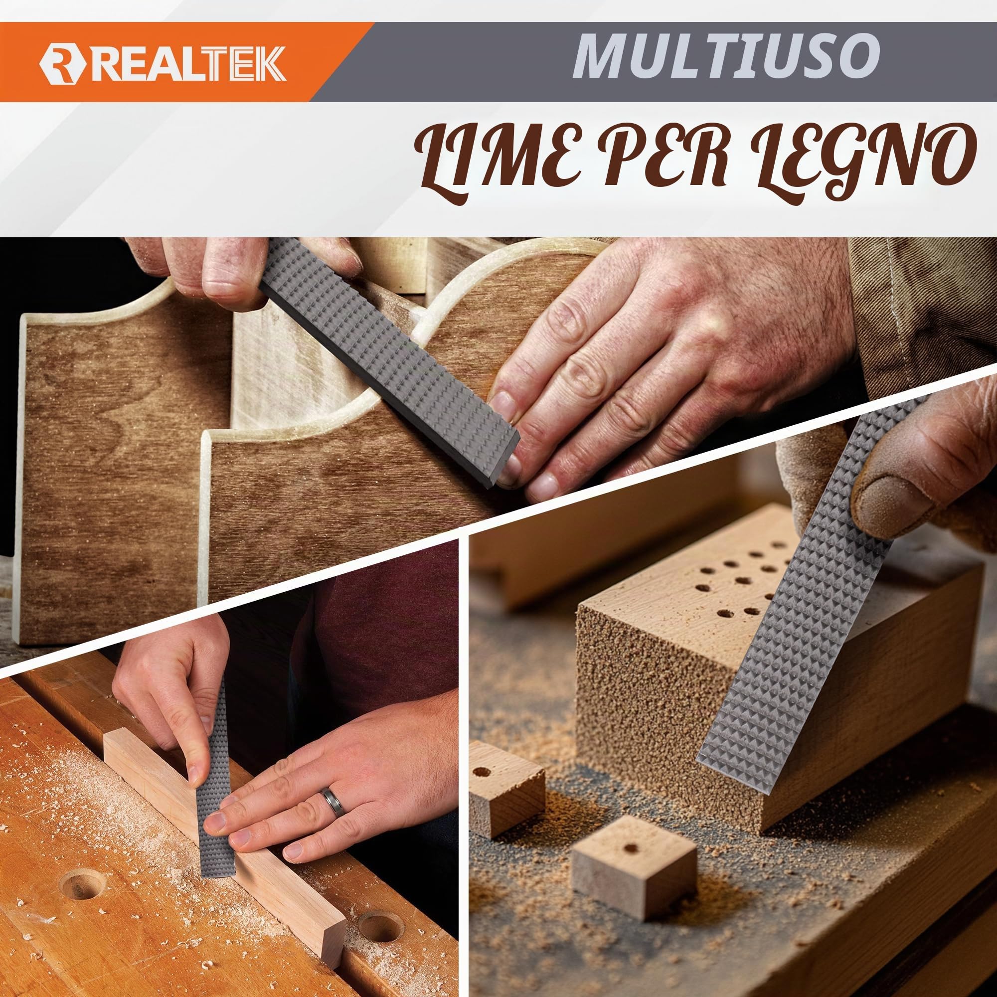 REALTEK Set di raspe per legno 3 pezzi, lima piatta, mezza rotonda e rotonda