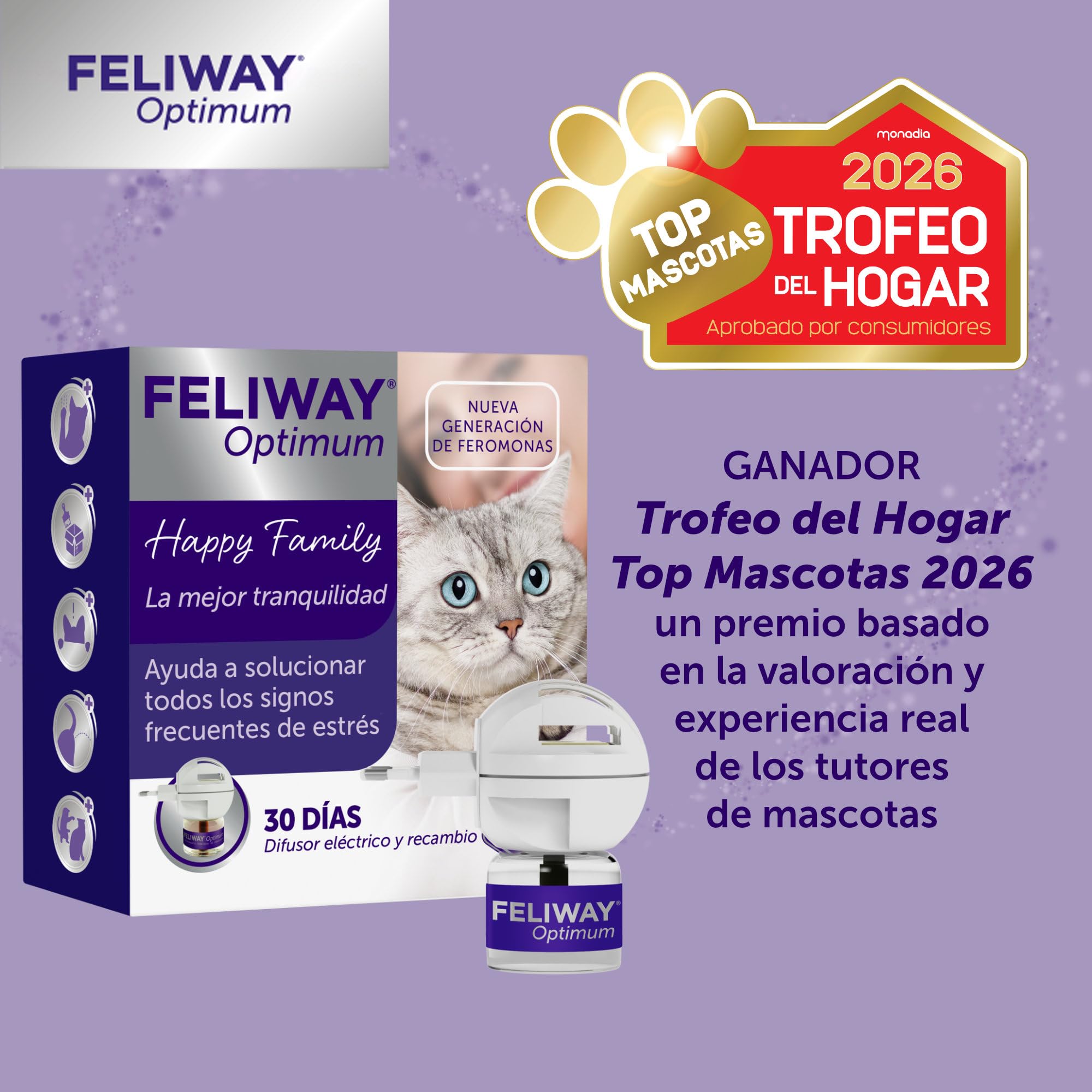 FELIWAY Optimum - Difusor + Recambio de feromonas calmantes para gatos (30 días, 48 mililitro) - Ayuda a reducir los signos más comunes de estrés. Recomendado por veterinarios. La mejor tranquilidad