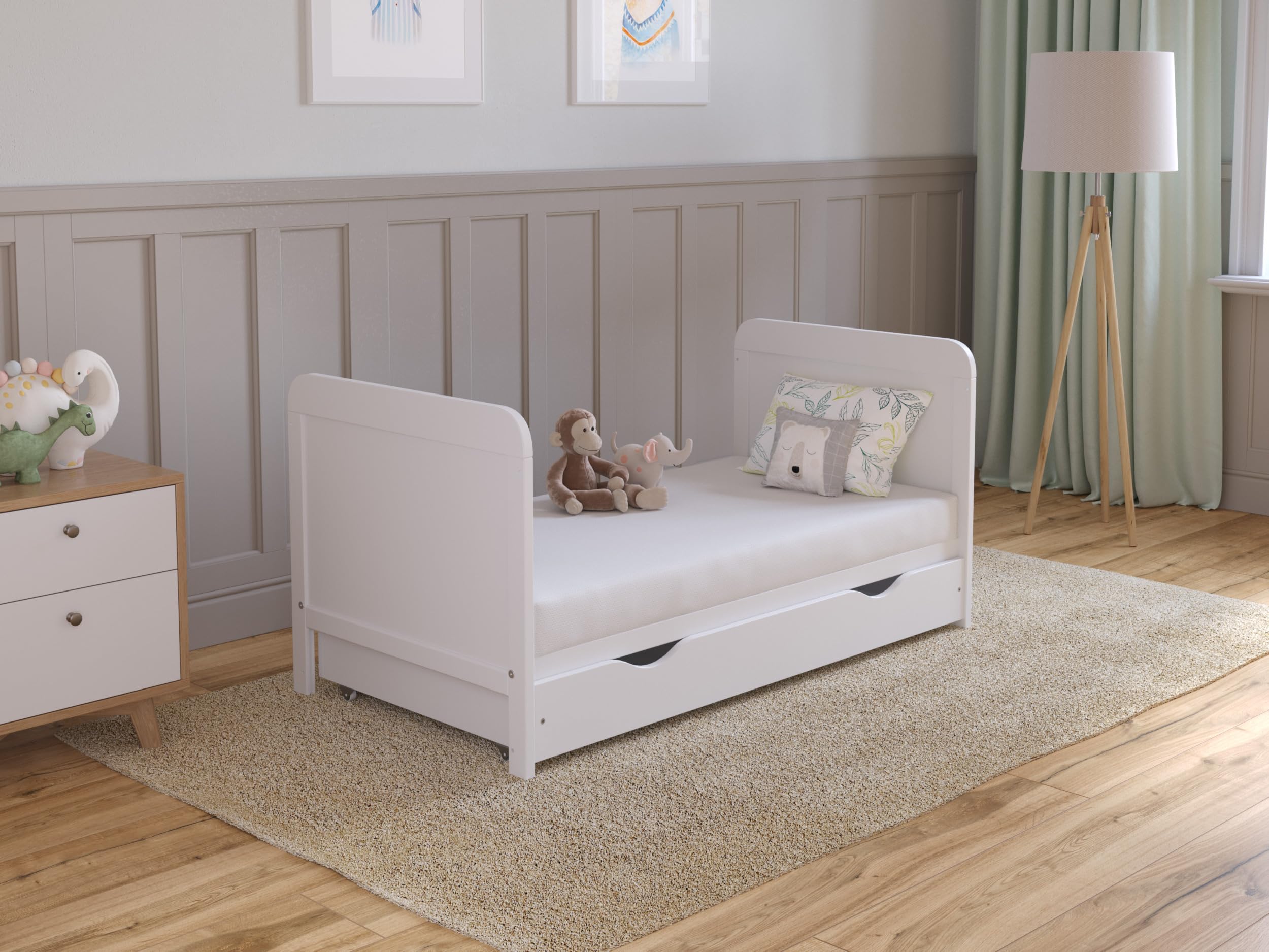Love For Sleep Cuna de Madera para bebé 120x60 cm con cajón Blanco – Convertible en Cama Infantil – Altura Ajustable – Cuna evolutiva para recién Nacido y niño pequeño