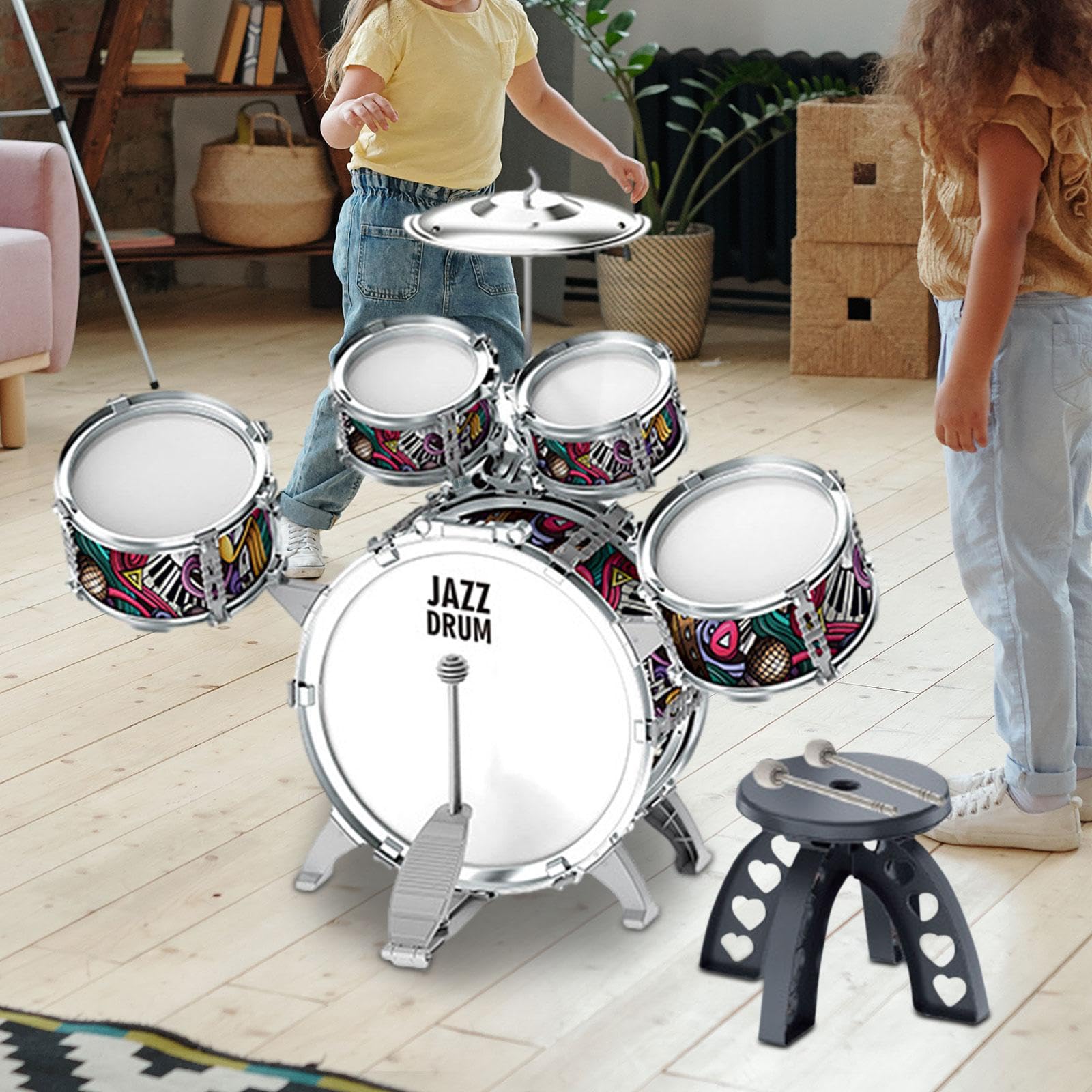 Colcolo 3 Stück Kinder Schlagzeug Set Jazz Trommeln Percussion Instrument Musikspielzeug mit Becken Und Hocker Aus PVC für Jungen Mädchen Musikunterricht Part, 5 in 1