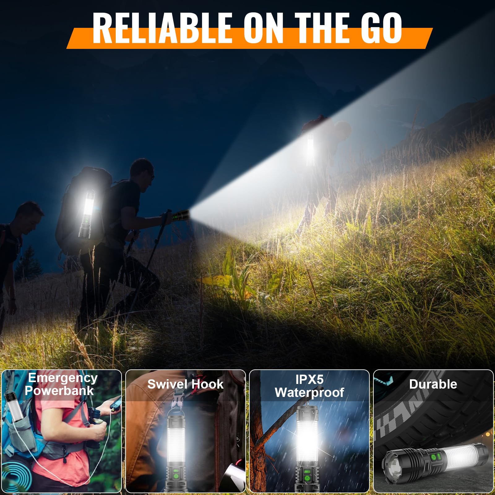 Lanterne da campeggio torcia ricaricabile ad alto lumen- 2000 metri fascio di luce LED super luminosa, impermeabile tenda da campeggio luci 5 modalità, torcia portatile zoomabile, 4 pezzi