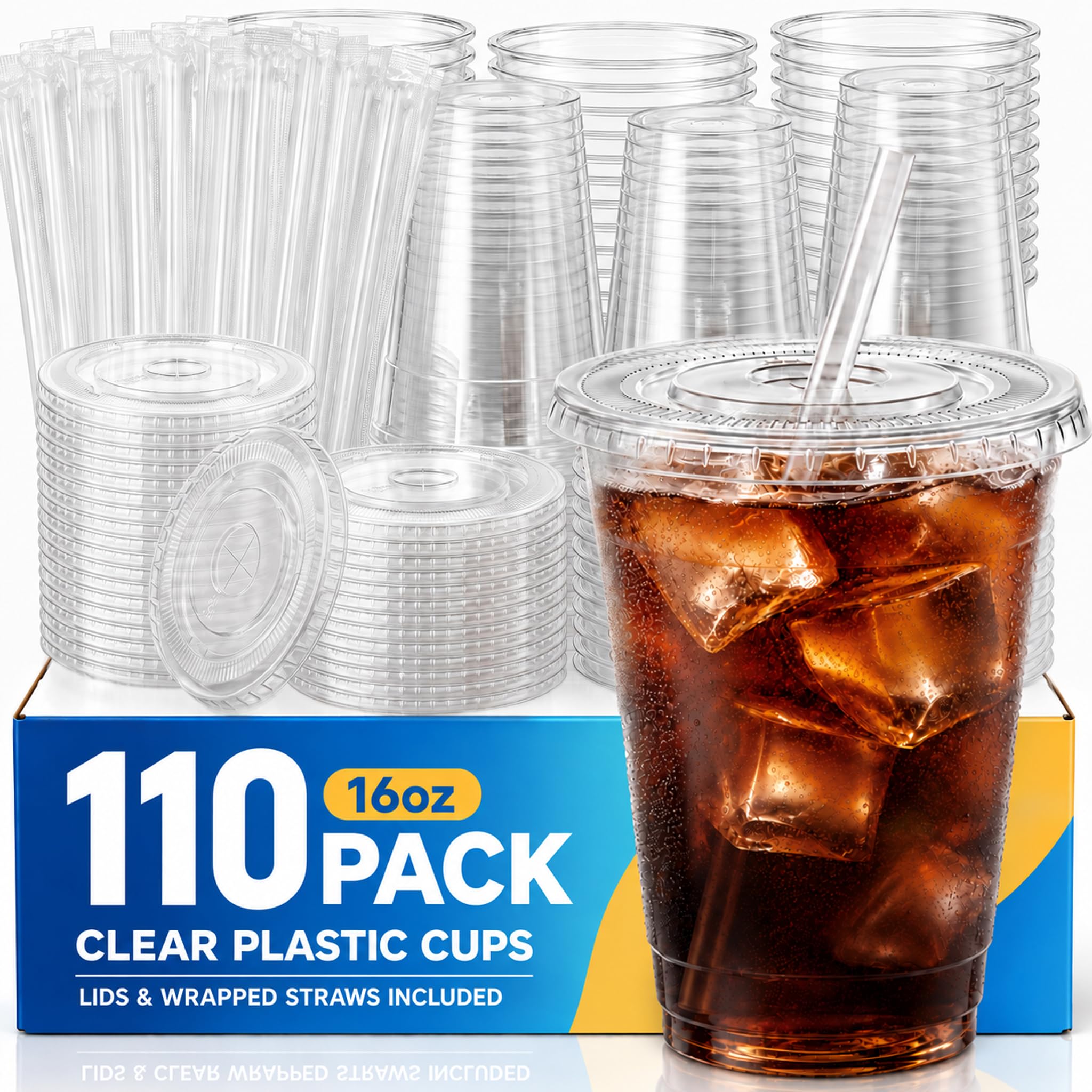 JYTHGPUC 110 Pack 16 oz Disposable Clear Plastic Cups with Lids and Straws | To Go,BPA-Free,Heavy Duty,Leak-Resistant,Iced Coffee,Smoothie,Matcha,Juice,Cold Drink,Party,Office,Bulk