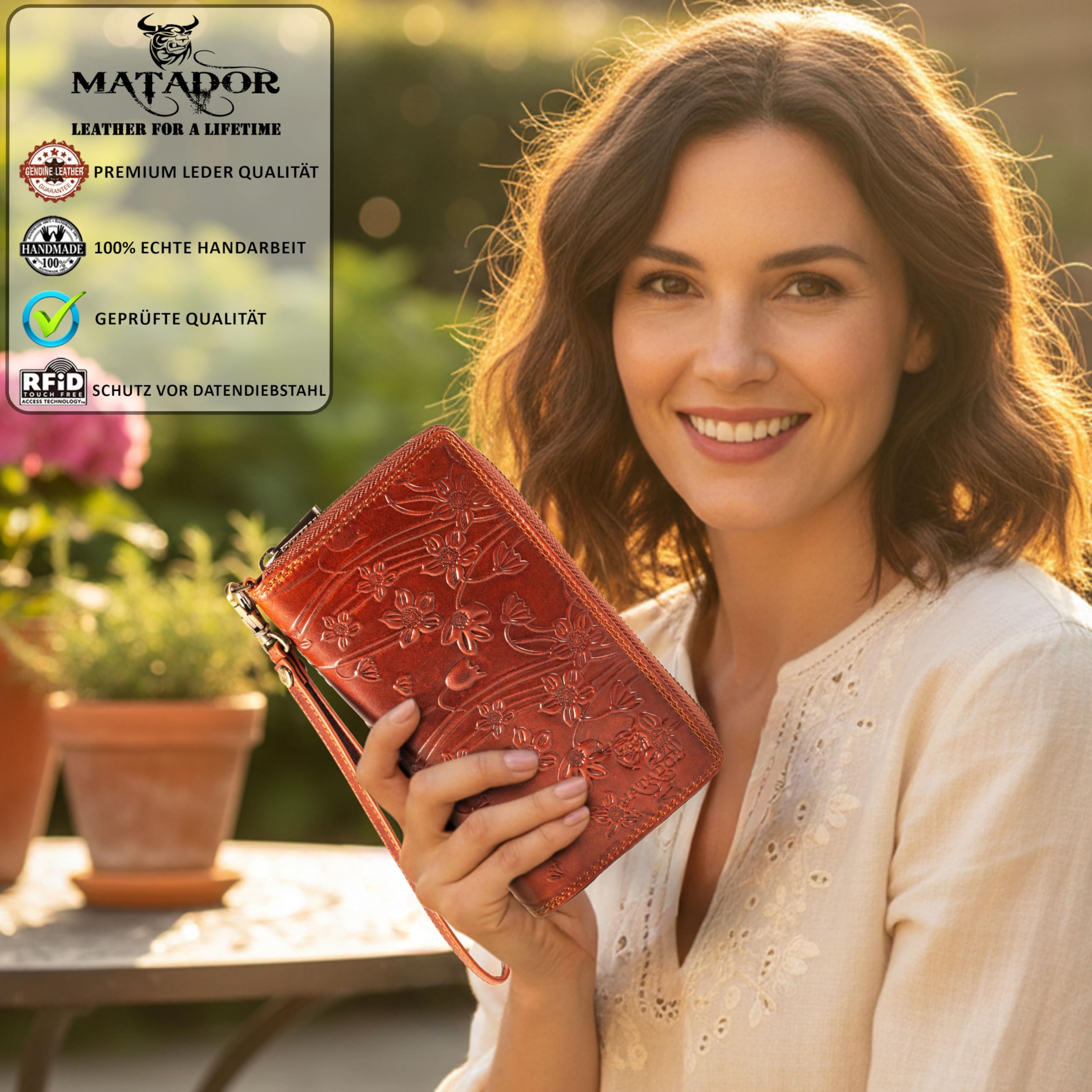 MATADOR Geldbeutel Damen Leder #Cadiz mit edler Geschenk Box, Elegante Geldtasche mit RFID Blocker, Luxus Frauen Portmonee Viele Kartenfächer in Blumen Braun