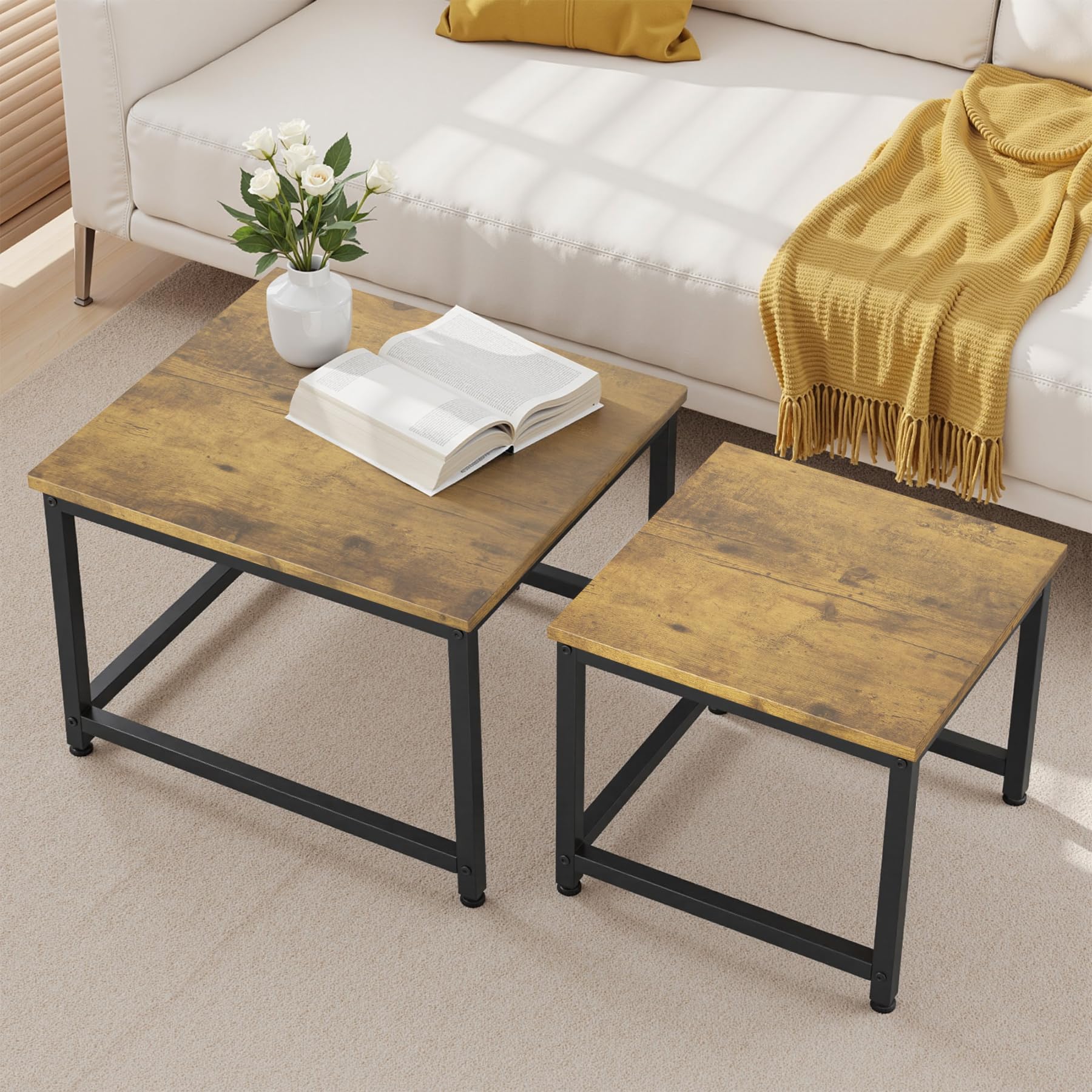 Hawthyhome 2 Stücke Beistelltisch Set rund, Couchtisch aus Holz mit Metallrahmen