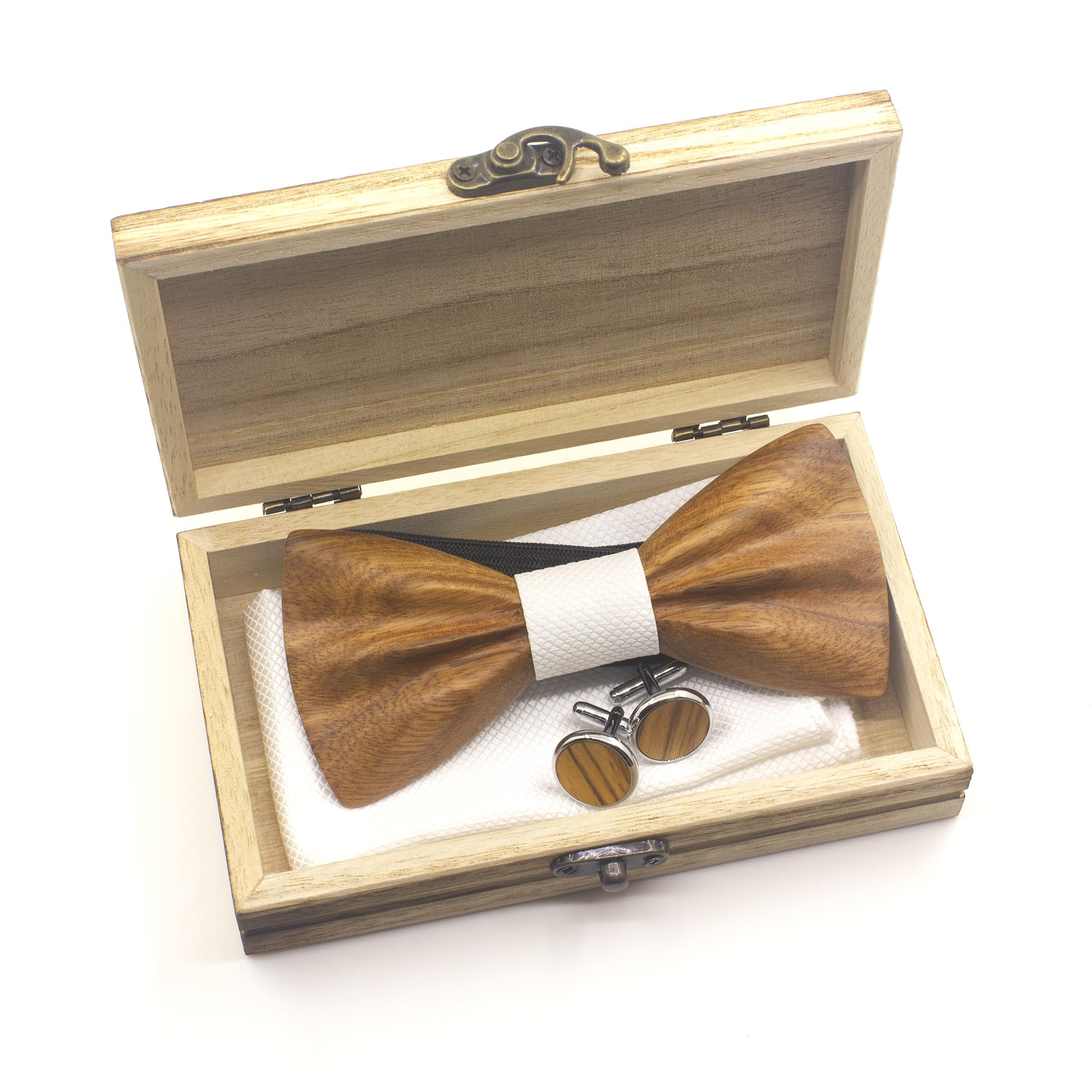 Ensemble Nœud papillon Bois pour Homme Mariage Fête Noeud Papillon,Boutons de Manchette,Mouchoir,Fleur Broche