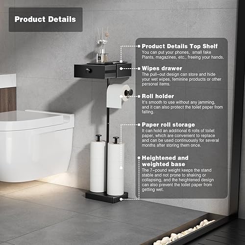 Miniatura 6 de VOLDRA Soporte de papel higiénico con estante, soporte de rollo de papel higiénico negro con cajón de almacenamiento de toallitas, soporte de papel
