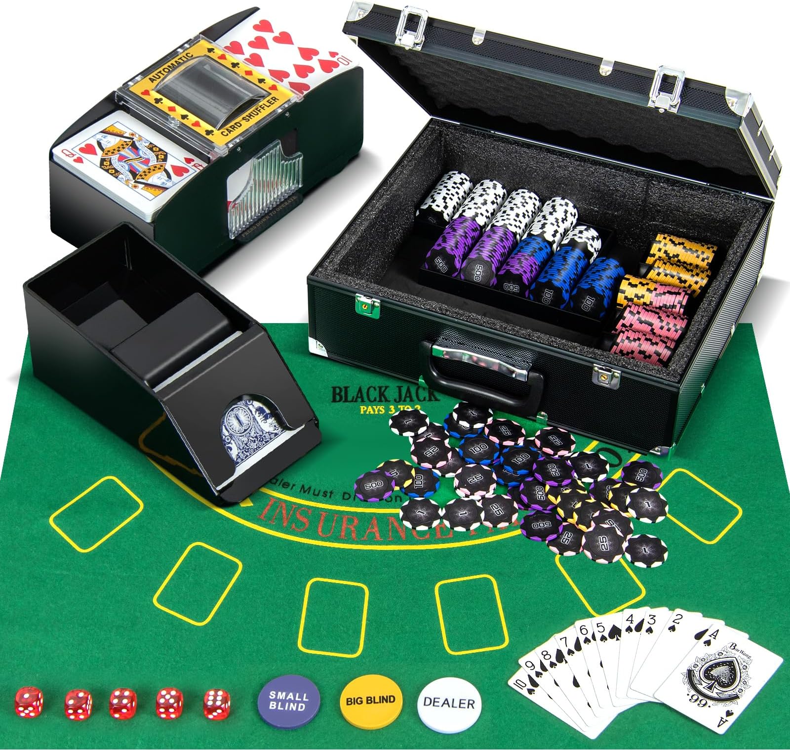 Goplus ポーカーチップセット 300個 14グラム クレイポーカーチップ ケース付き 自動カードシャッフル デッキカード2枚 サイコロ5個 カードシュー3個 ディーラーボタン3個 ポーカーフェルト テキサスホールデム ブラックジャック カジノ (300個)