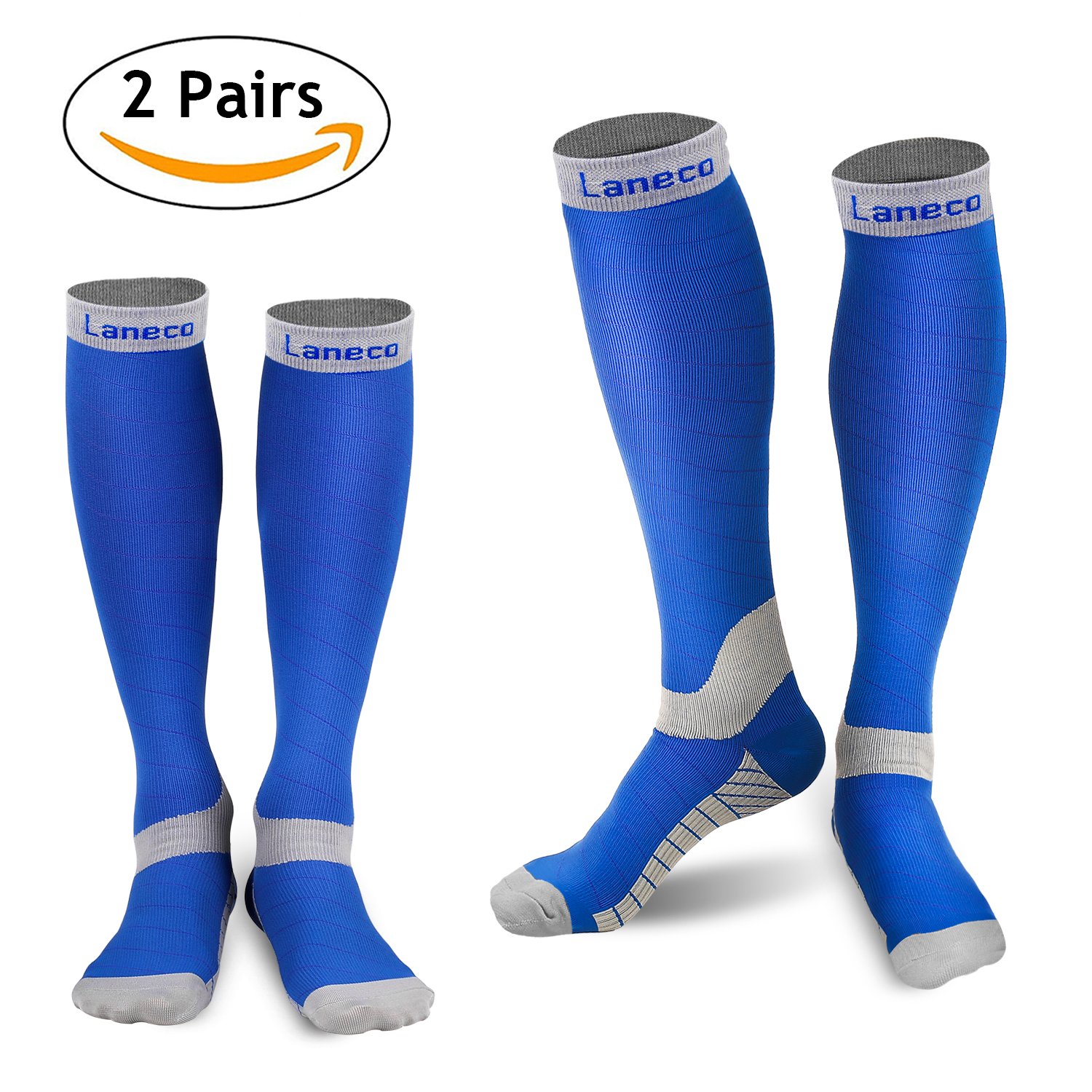 Laneco Compression Socks for Women & Men (2 Pairs), Graduated Compression Sock 20-30 mmHg for Nurses, Running, Maternity Pregnancy, Athletic Sports, Flight Travel, Shin Splints, Edema, Varicose Veins