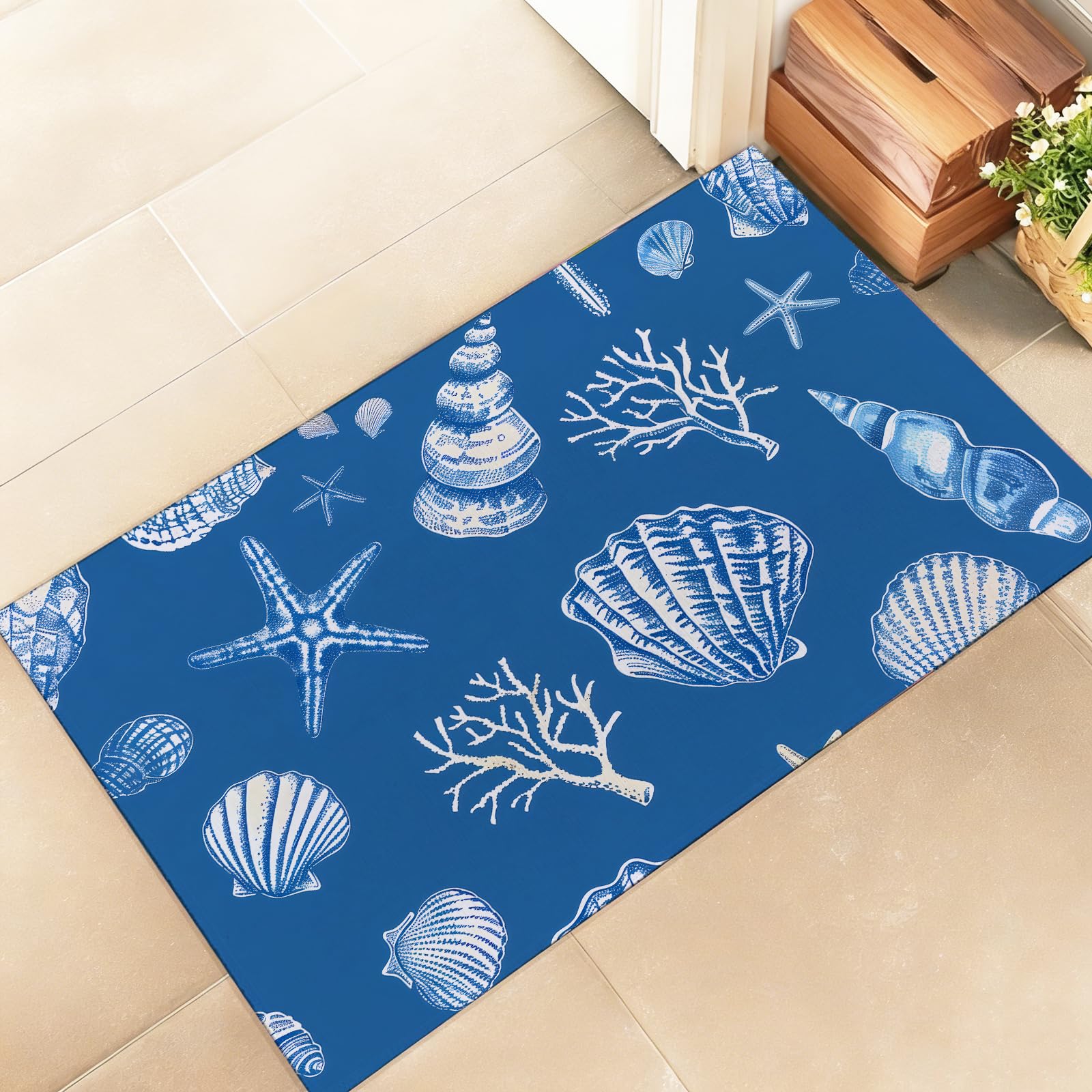 amepay Coastal Seashell Blue Indoor Door Mat – Stylish 17x29.5in Non-Woven Fabric Floor Doormat with Coral Shells Design, for Porch Insider,Bedroom,