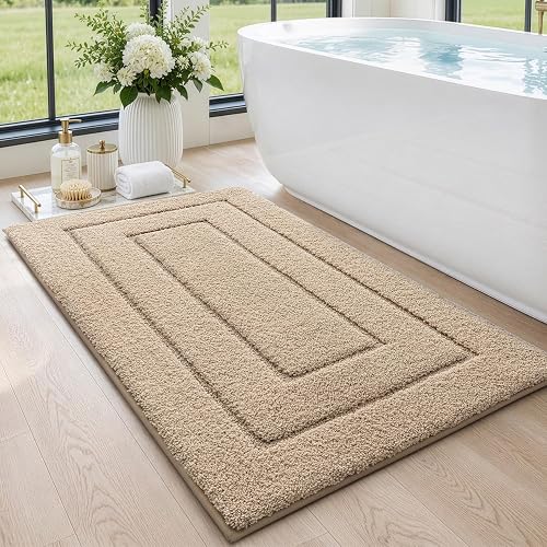 DEXI Alfombra de Baño Antideslizante 60 x 110 cm Beige | Súper absorbente, Microfibra ultrasuave, Lavable a máquina, Ducha, Bañera, Frente al lavabo
