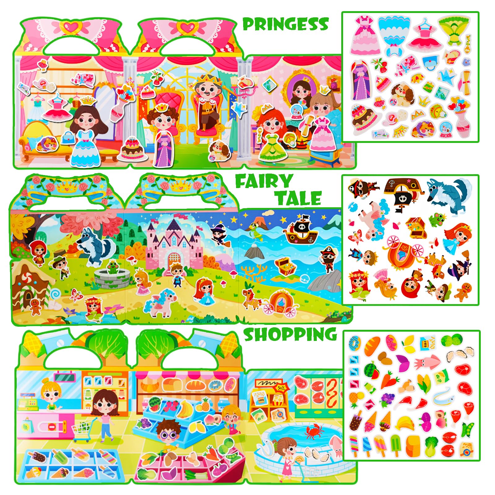 3 Pack Sticker Books,Reusable Sticker Book for 3+ Years Old Plane Activities for Toddlers Boys and Girls (Shopping+Princess+Fairy Tale) - Image 3