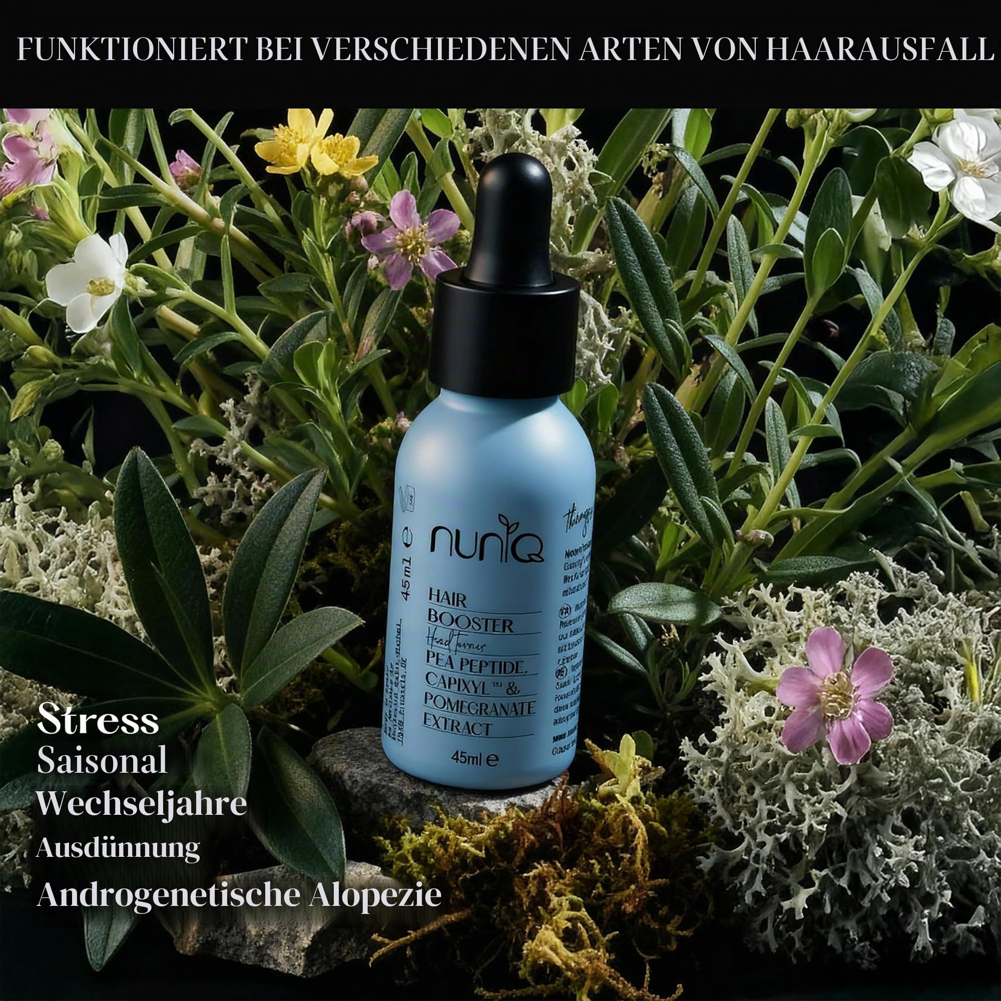 Haarausfall Haarserum für Haarwachstum und Haardichte gegen androgenetische Alopezie, Kopfhaut Serum, +46% Dichte in 4 Monaten, wasserbasiert, duftfrei, 99,8% natürlich – NUNIQ Head Turner