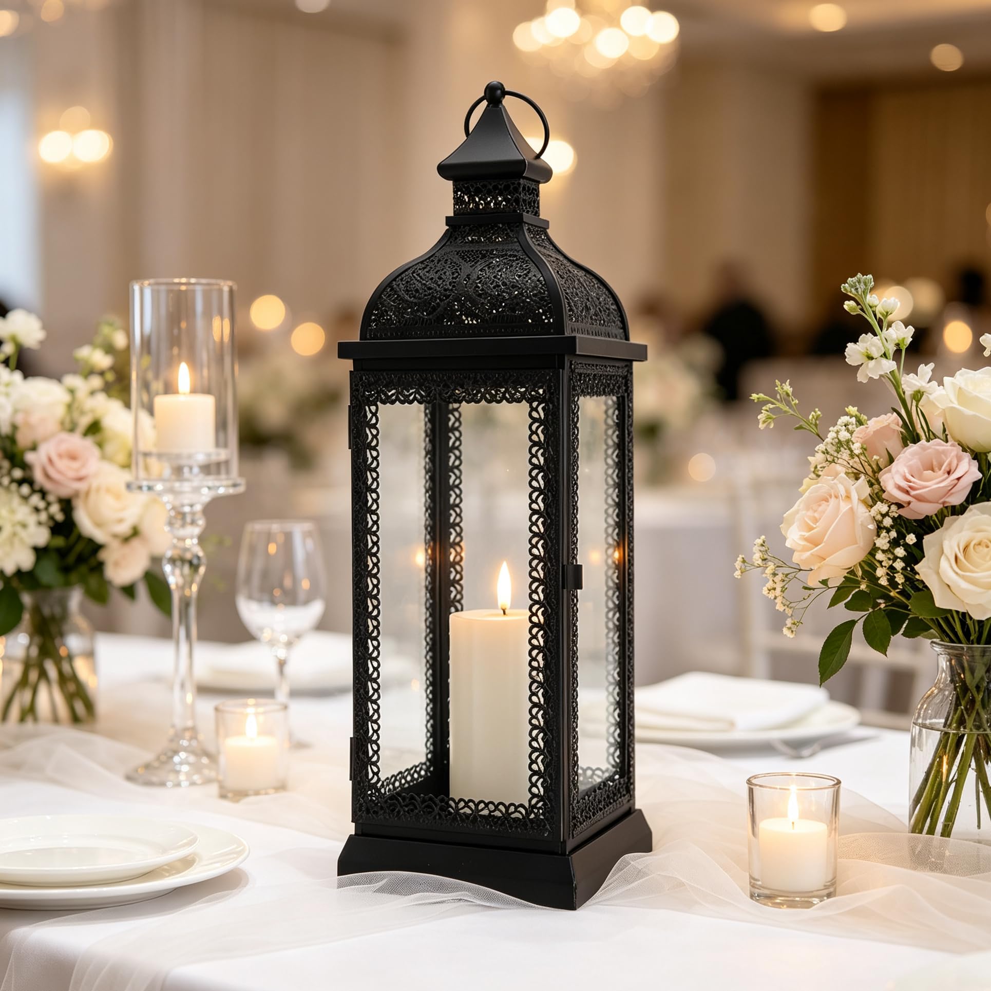 TRIROCKS Farol de Metal Estilo Rústico, Soporte de Vela Grande con Vidrio Templado para Acción de Gracias, Navidad, Sala, Jardín y Patio (Negro)