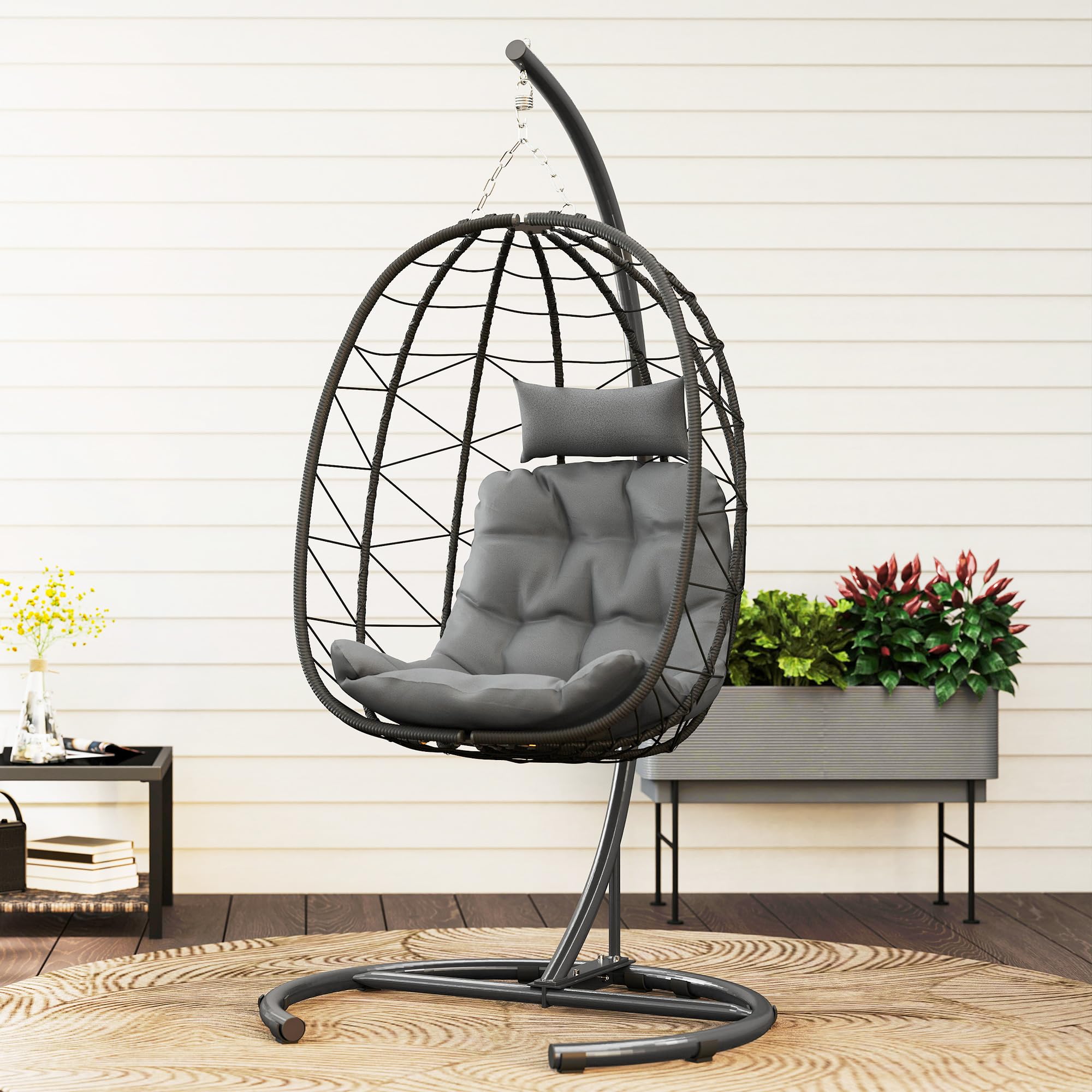 Outsunny Hängesessel Rattan Hängestuhl Indoor Outdoor 195 cm Dunkelgrau | Schaukelkorb, inkl. Gestell, Kissen, Wasserdichte Abdeckung, für Terrasse, Garten, bis zu 150 kg