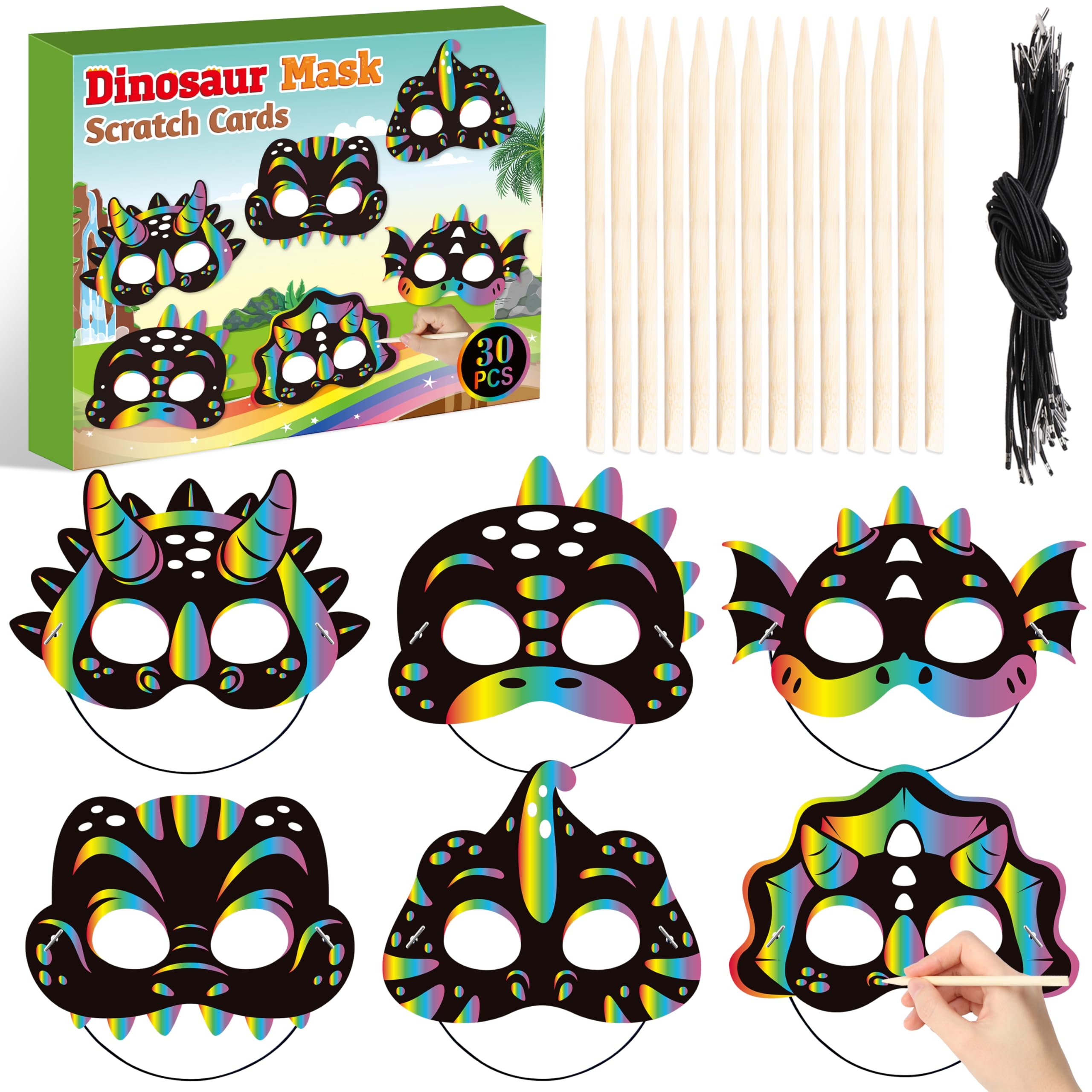 WATINC 30pcs Dinosaur Scratch Mask Gift Set for Kids, DIY Dino Magic Scratch Paper Cards, Make Your Own Dinosaur Craft Kit for Birthday Holiday Party Favors, School Classroom Activity Art Project