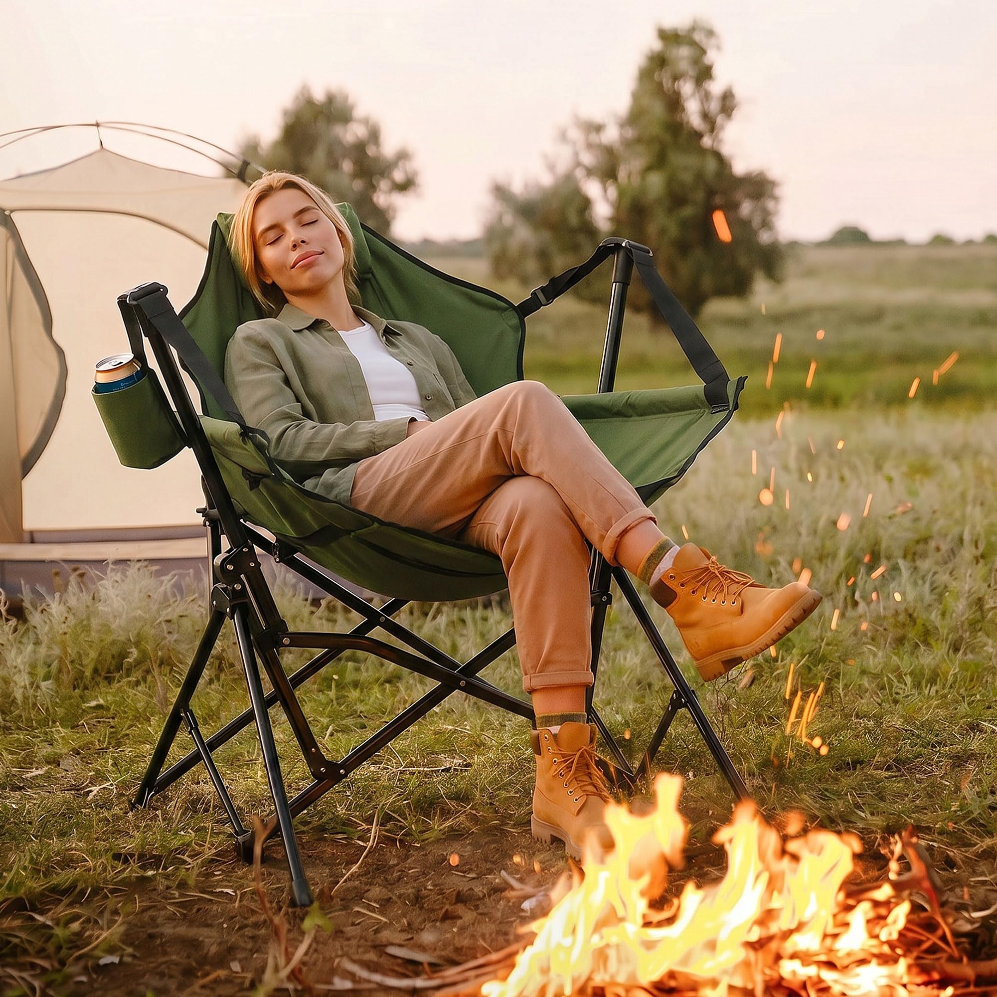 ECD Germany Skladane Krzeslo Campingowe Khaki Krzeslo Wedkarskie Bujany z Metalowa Konstrukcja Regulowane Wysokie Oparcie z Zaglówkiem Uchwyt na Napój Torba Fotel Outdoor na Camping Wedkowanie Ogród