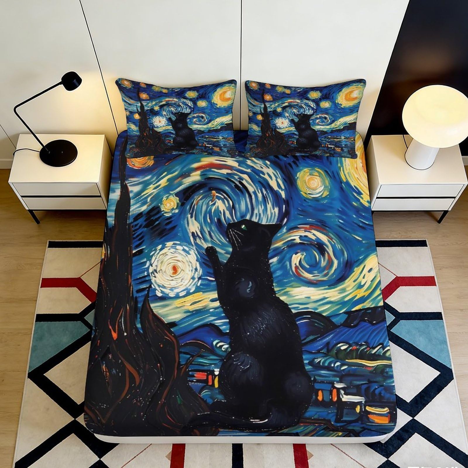 Pnayamiorkfel Style-9 3D Printed Starry Night Cat Fitted Sheet Microfiber Artistic Mattress Cover For Bedroom Dorm Apartment Decor 90X200x25cm