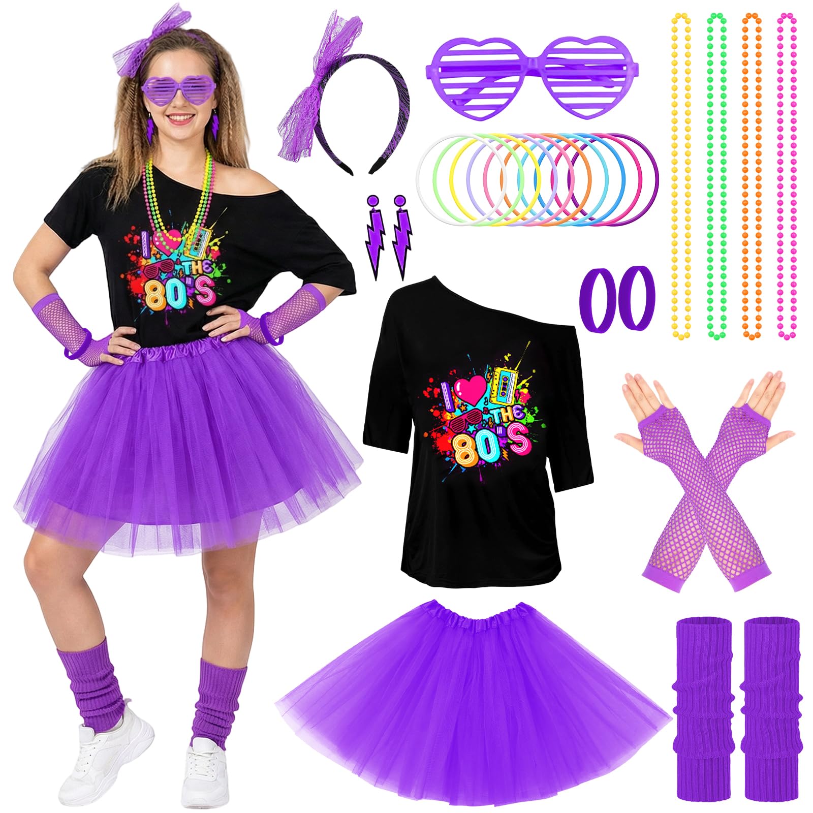 Aleshime 80s Fancy Dress Costume Women - Purple Tutu Skirt Outfit with I Love The 80s T-Shirt & Neon Accessories for 80s Theme Party