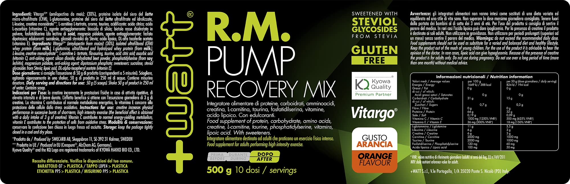 RM Pump - Miscela di Nutrienti Indicata per il Recupero Muscolare ed Energetico - Formato 500 g - Gusto: Arancia