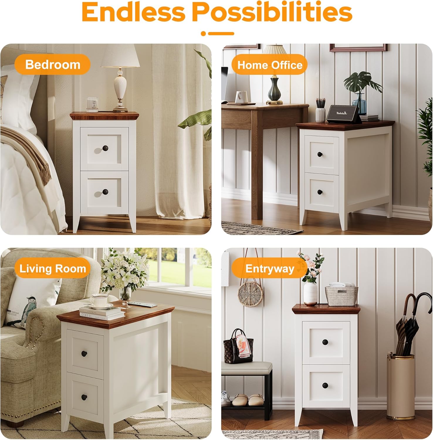 Farmhouse End Table with Charging Station, Narrow Side Table with 2 Drawers and Open Back Storage, Skinny Bedside Table, Slim Sofa Side Table, Small Wood Nightstand for Living Room Bedroom (White)