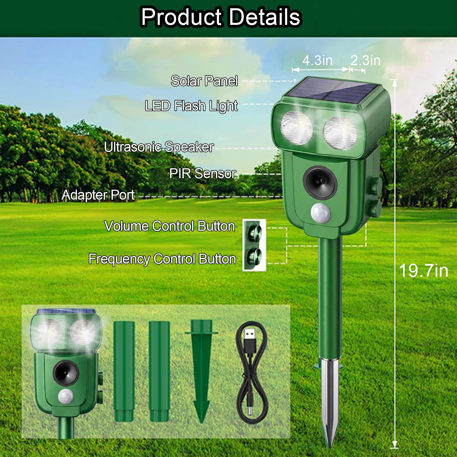 EMS Repelente de Gatos, Repelente ultrasónico de energía Solar IP66 Impermeable de frecuencia Ajustable para alejar a los Animales, 5 Modos Ajustable, Repelente ultrasónico de Animales