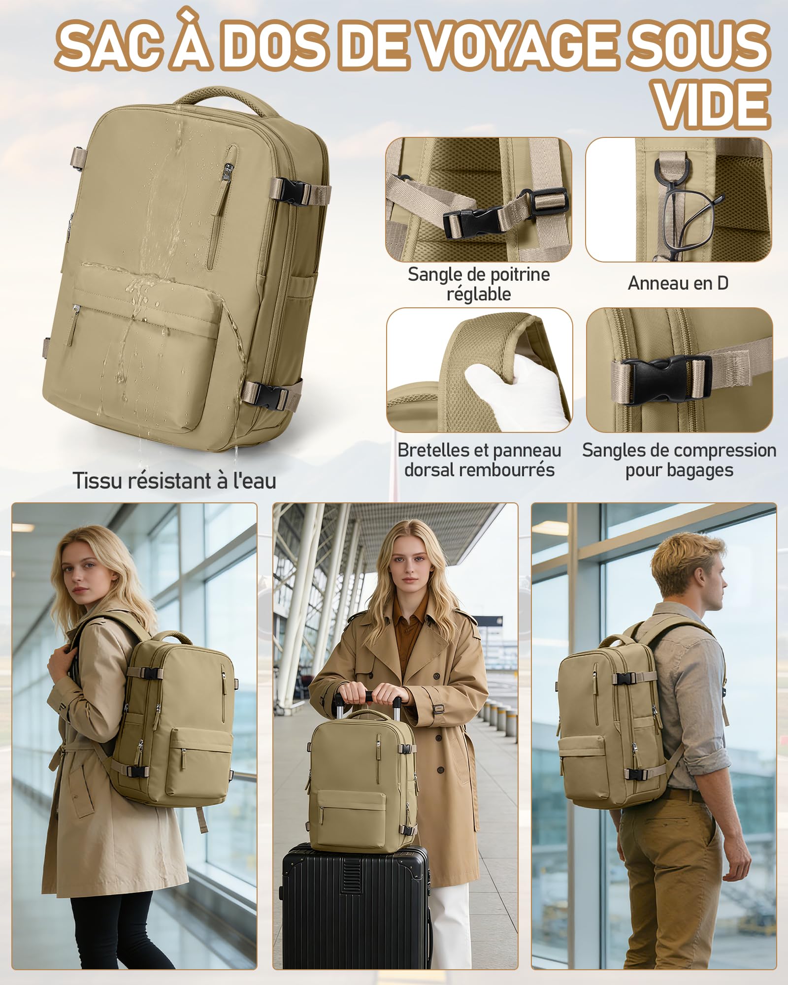 suradar Sac a Dos de Compression Voyage Sous Vide avec Pompe Intégrée Sac Cabine Avion 40x30x20 Ryanair Wizzair Eurowings Vueling Airbag Travel Sacs Sous Vide Bagage Cabine 40x30x20 Kaki