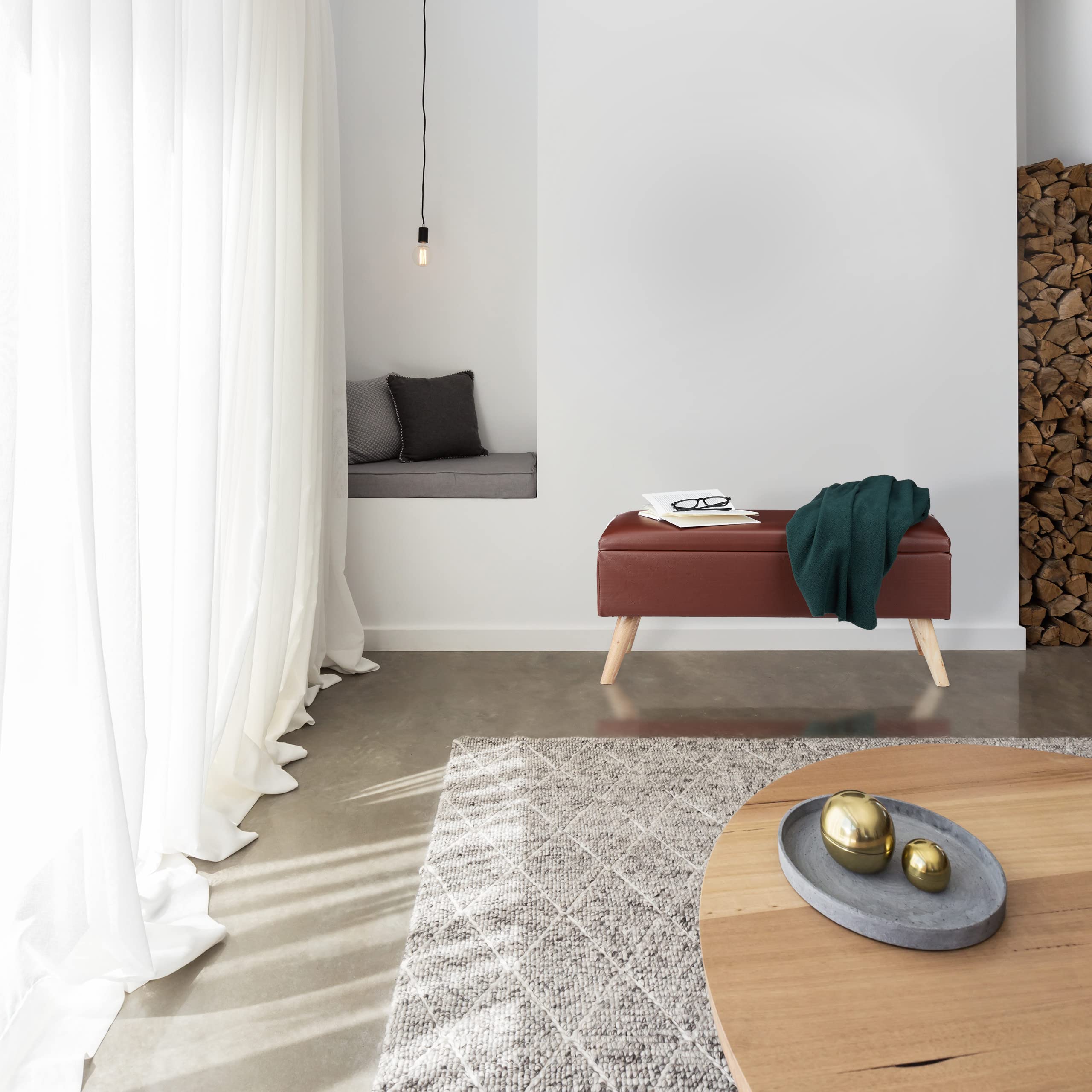 Relaxdays Panca Contenitore, 40 l, in finta pelle, con Gambe in Legno, Cassapanca Imbottita, Bianco, HxLxP: 40 x 80 x 39.5 cm
