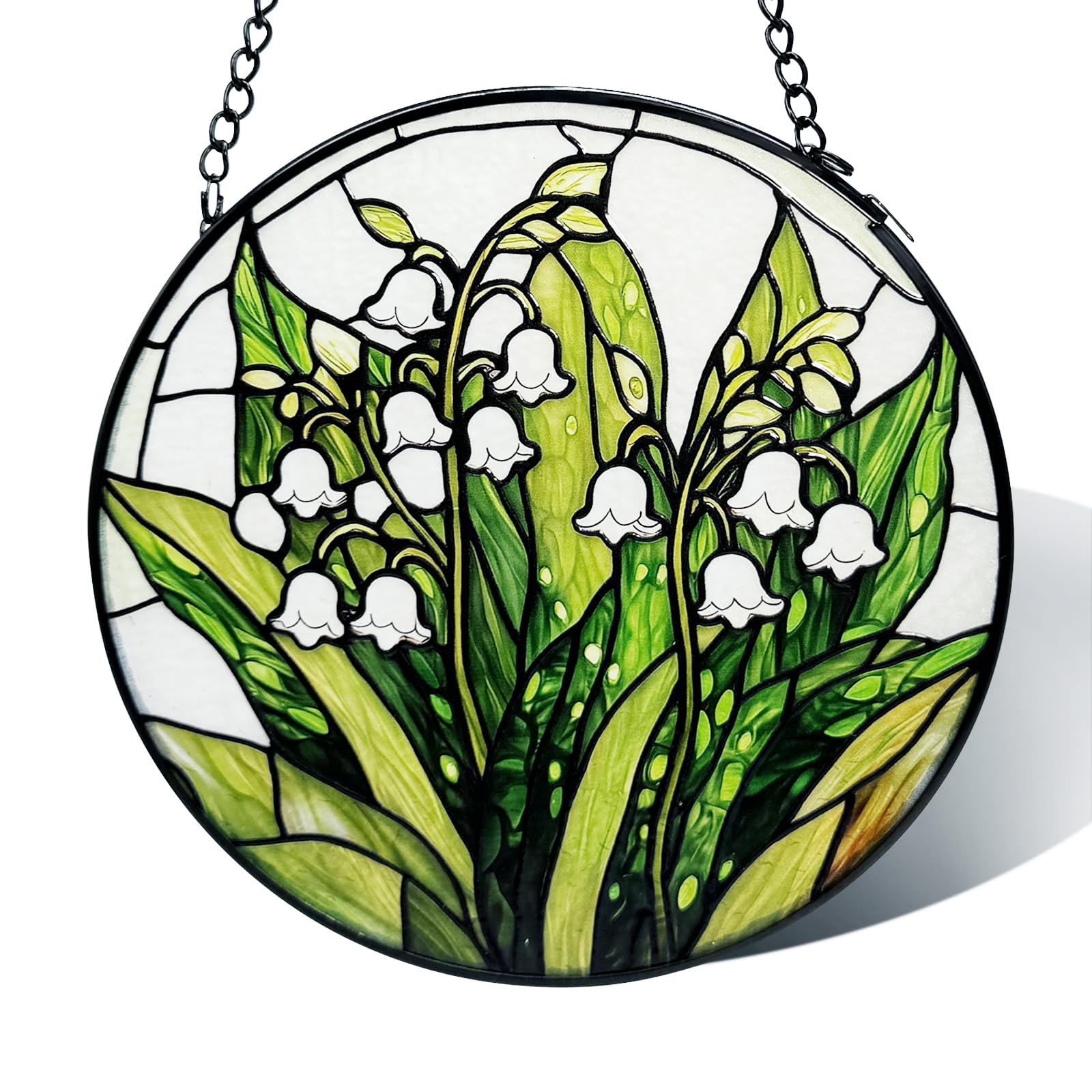Stained Glass Window Hanging, 16cm Lily of The Valley Flower Diamond Glass Panel Suncatcher Green Plant Sun Catchers for Home Garden Balcony Window Decor, Plant Lover Gifts