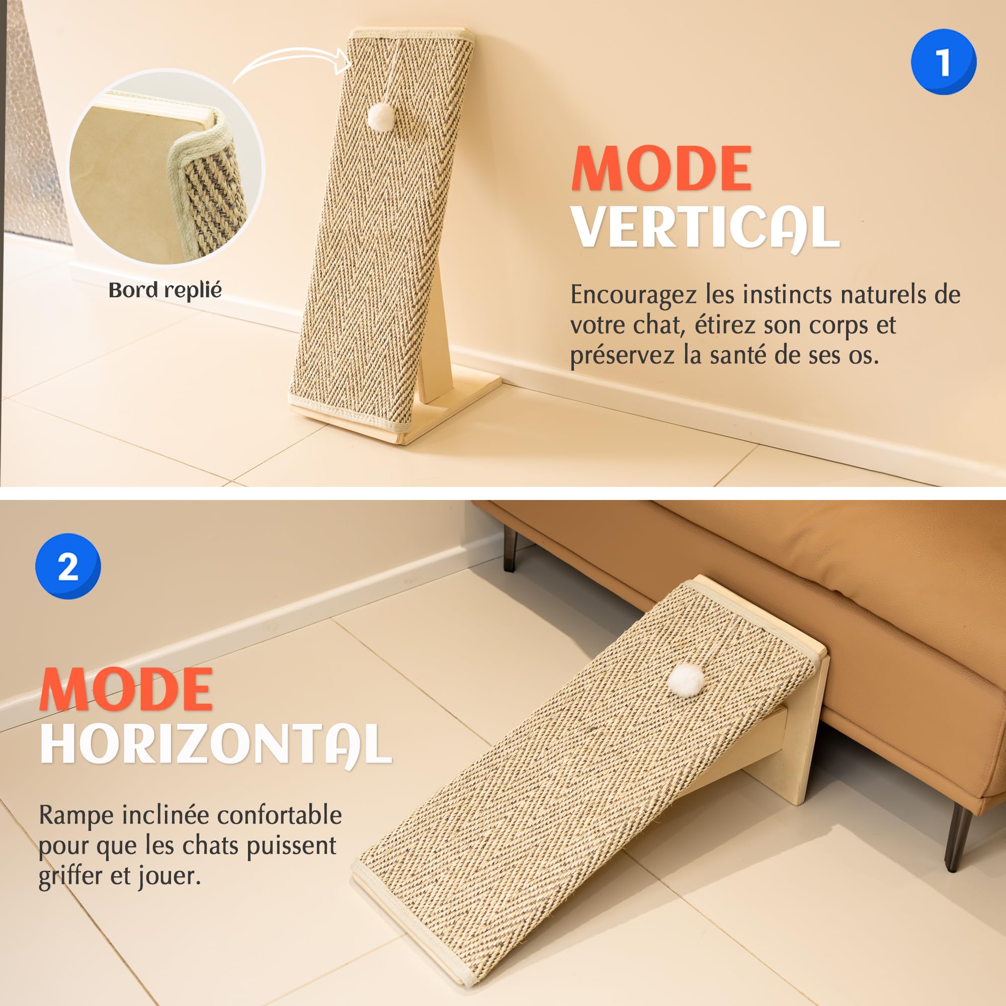 PETKARAY Griffoir chat de 65 cm de haut, avec rampe, meuble griffoir robuste en forme de L comme protection de meubles, griffoir pour chat intérieur, motif chevron
