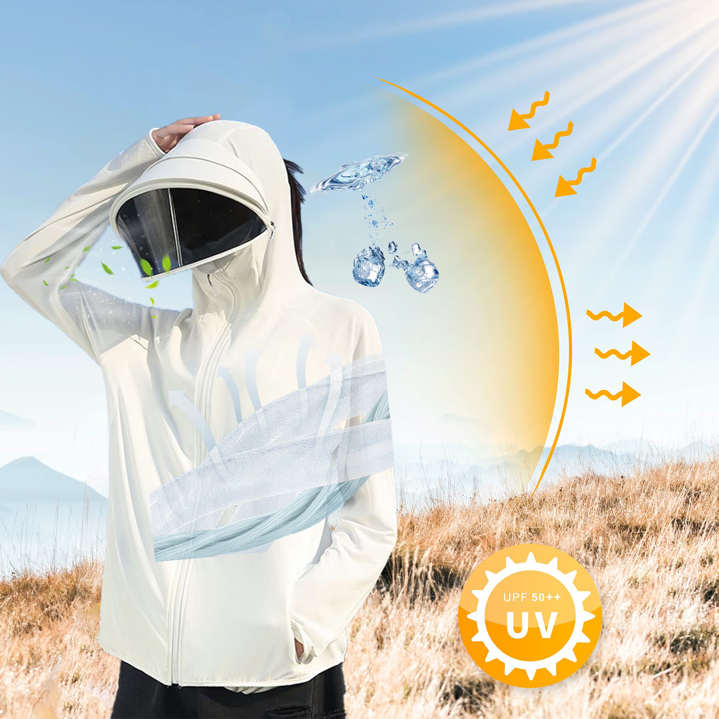 Nawvyis Women's UPF 50+ Sun Protection Zip Hoodie Ice-Like Jacket Sunscreen Breathable Sun Shirt Hiking Outdoor Detachable Sunglass (as1, alpha, m, regular, regular, White)
