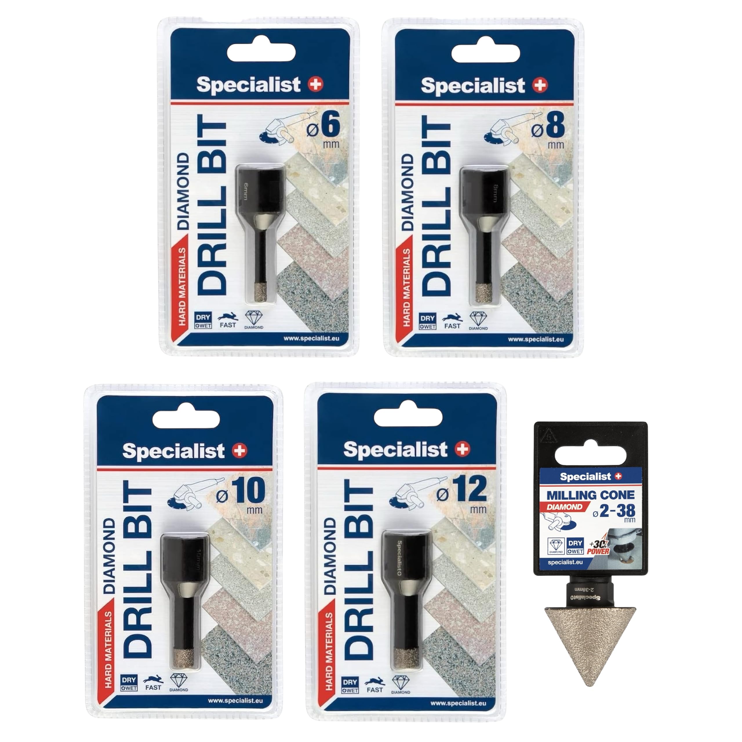 SPECIALIST+ Juego de 5 brocas de diamante M14 para porcelana, granito, mármol, corte seco/húmedo, D6-D12 + 2-38 mm de bisel