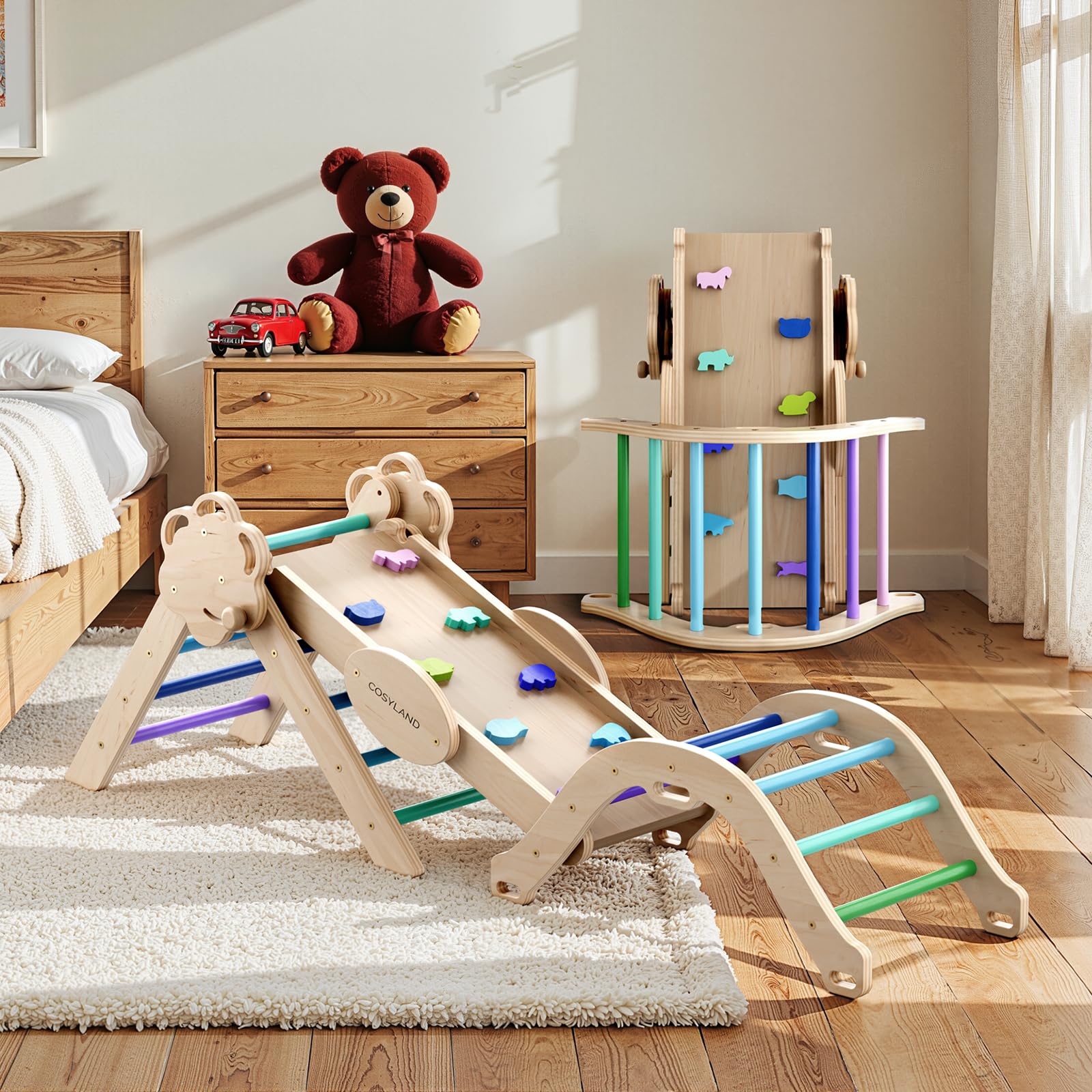 COSYLAND 8 w 1 Trójkąt wspinaczkowy Montessori z łukiem i rampą, składany zestaw dla dzieci, wytrzymała drewniana zabawka do wnętrz, dzieci 18 miesięcy-6 lat, fajna, średnia
