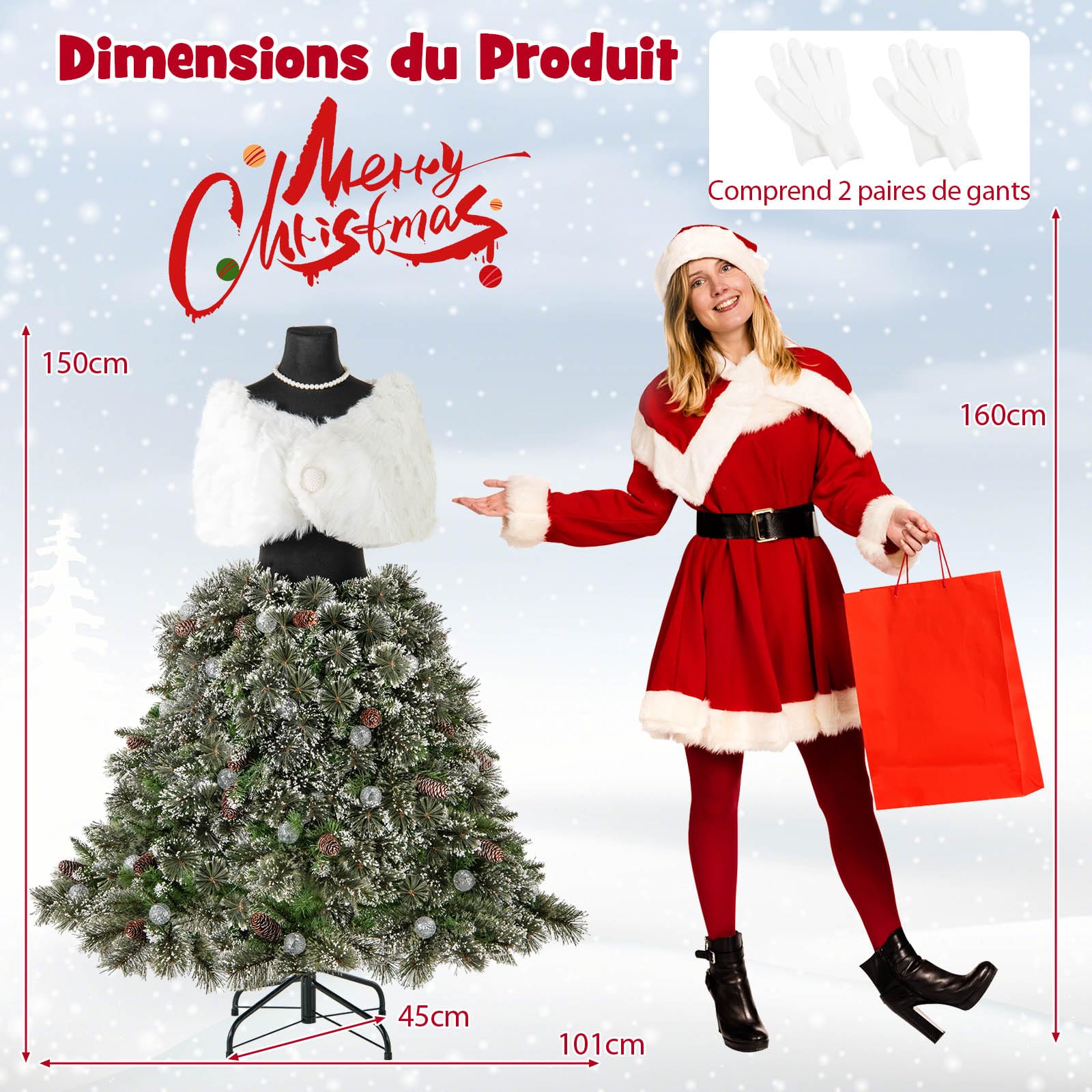GYMAX Sapin de Noël Artificiel 150 cm Lumineux et Mannequin 2-en-1, avec Châle Blanc, Collier, 50 Lumières LED Blanc Chaud, 465 Branches et 36 Pommes de Pin, Décoration pour Magasin, Maison