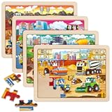 SYNARRY Large Wooden Construction Vehicle Puzzles for Toddlers 3-5&comma; 24 Piece Monster Truck Puzzles for Kids Ages 4-6&comma; Construction Toys for 3 4 Year Old&comma; Kids Toys Gifts for 3 4 5 Year Old Boys Girls