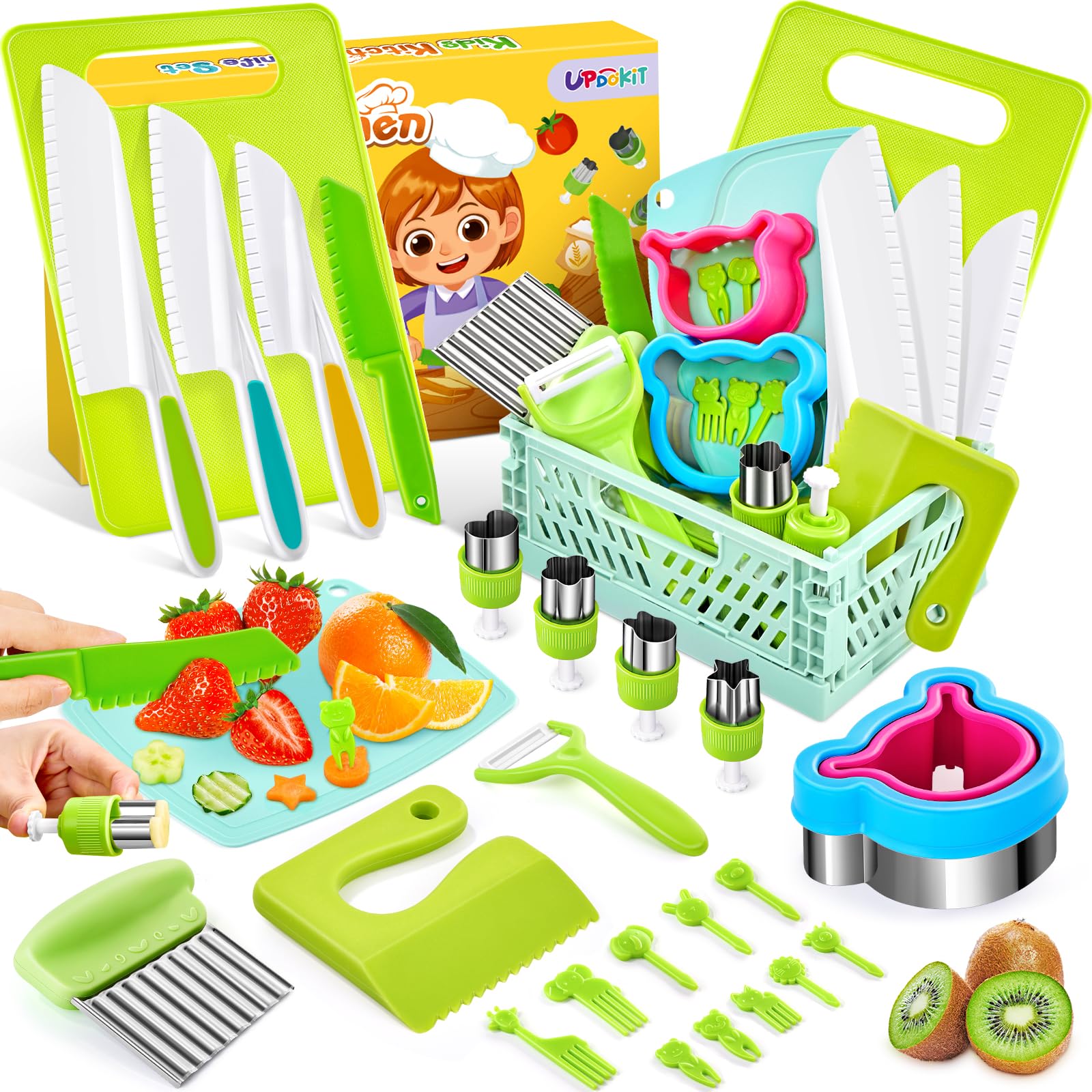 Couteaux de Cuisine pour Enfants Kit, 26 Outils de Cuisine pour Enfants, Comprenant un Couteau de Chef, un Coupe-fruits, un Panier de Rangement et Plus Encore, Parfait pour les Petits Chefs