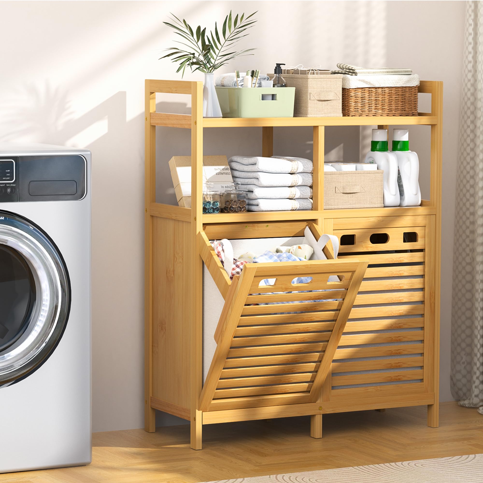 VASMIA Armadietto Bagno con Cesto per il Bucato, Bambù Mobile da Bagno, con 2 Ripiani, con 2 Sacchetti per il Bucato Estraibili (2 * 38 L), per Bagno, Camera da Letto, Lavanderia, Naturale