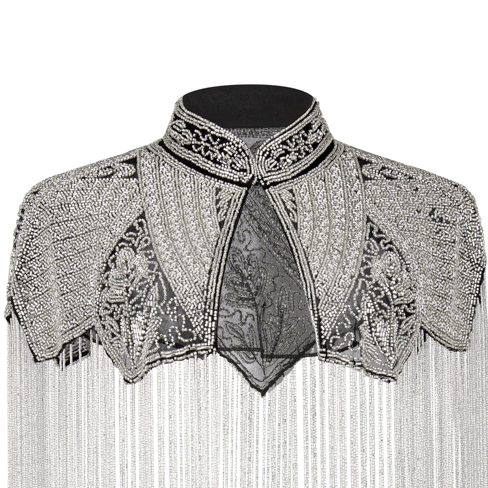 Châle élégant à longues franges avec motif géométrique perlé à la main, parfait pour les soirées et les événements formels brodés