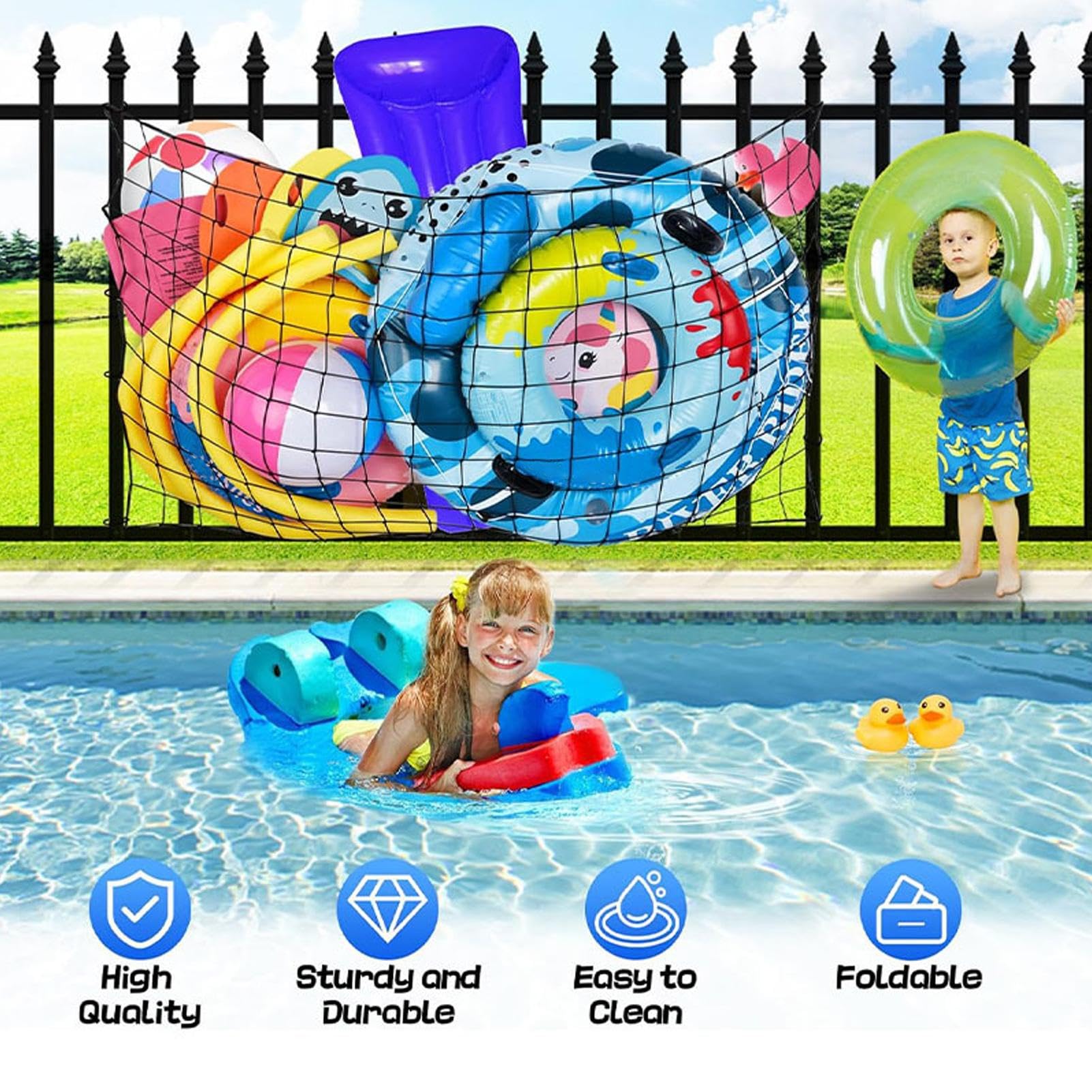 Filet De Rangement Pour Flotteurs Piscine – 145x84 Cm, Polyester, Avec Cordes Ajustables, Rangement Bord De Piscine - 12
