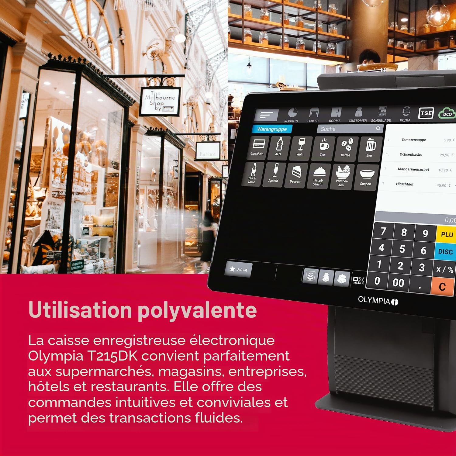 Olympia T215DK Caisse enregistreuse pour la restauration et le commerce | Système de caisse électronique avec écran tactile | Écran tactile 15" | Caisse enregistreuse TSE | Imprimante thermique et